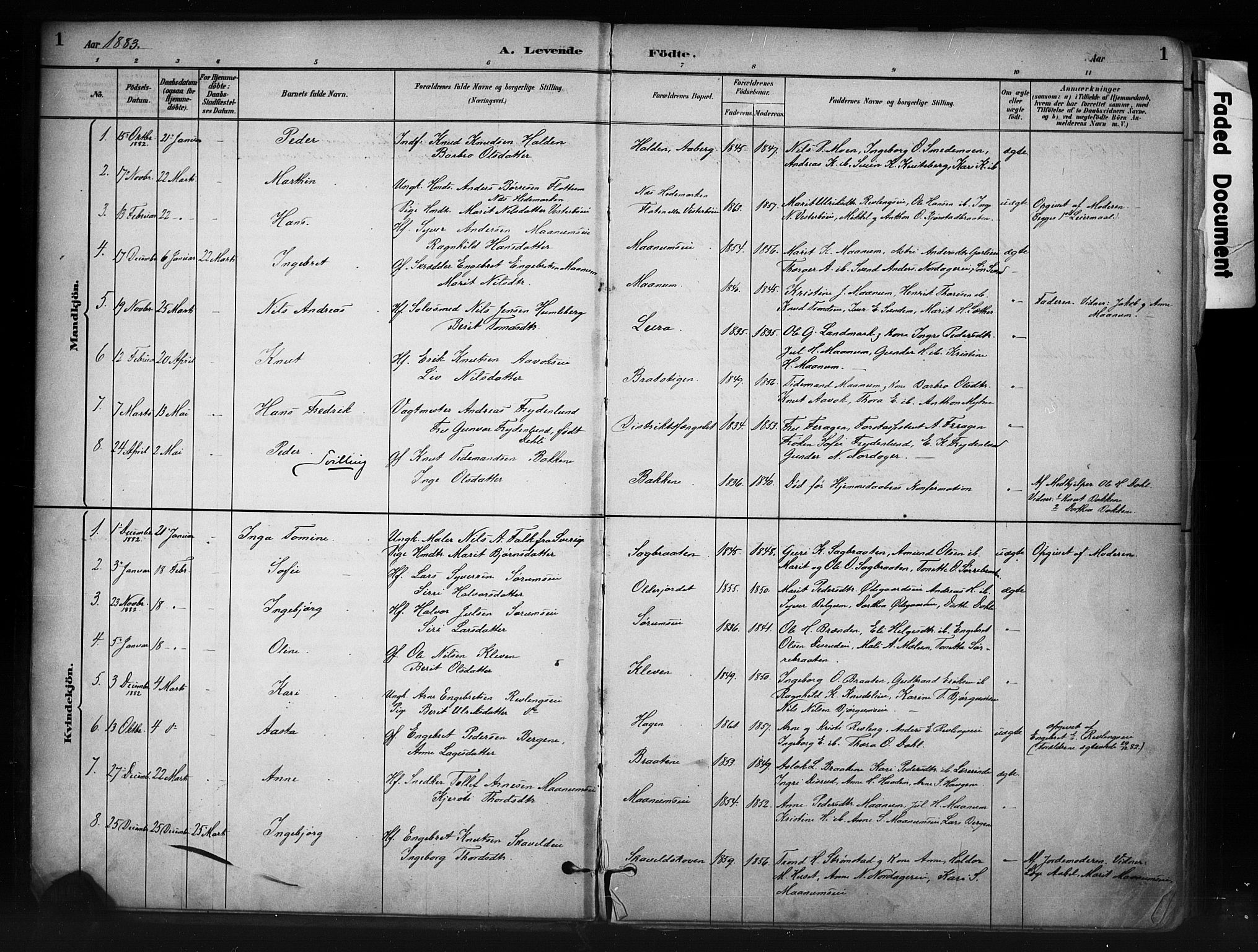 Nord-Aurdal prestekontor, SAH/PREST-132/H/Ha/Haa/L0013: Parish register (official) no. 13, 1883-1895, p. 1