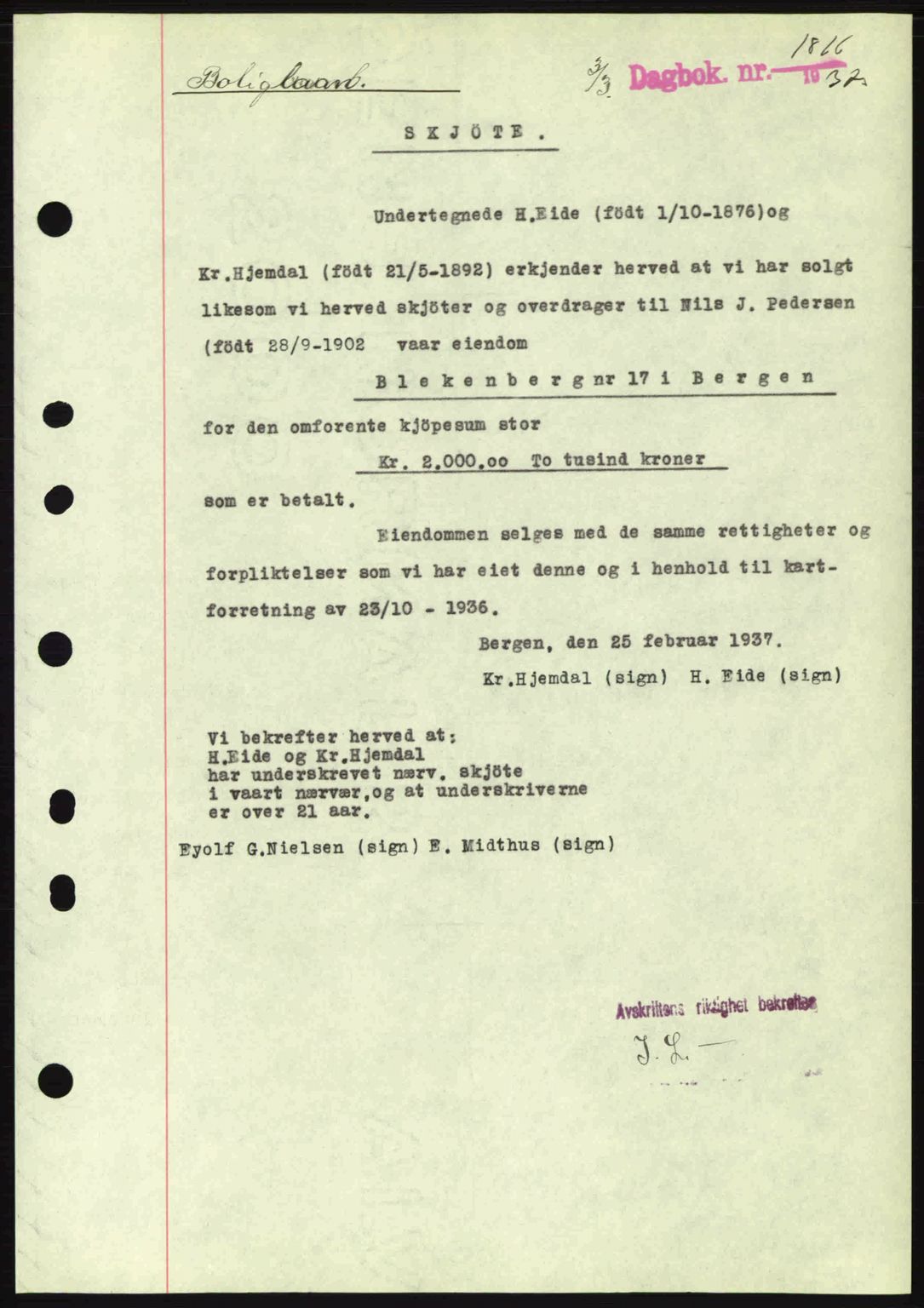 Byfogd og Byskriver i Bergen, SAB/A-3401/03/03Bc/L0004: Mortgage book no. A3-4, 1936-1937, Diary no: : 1816/1937