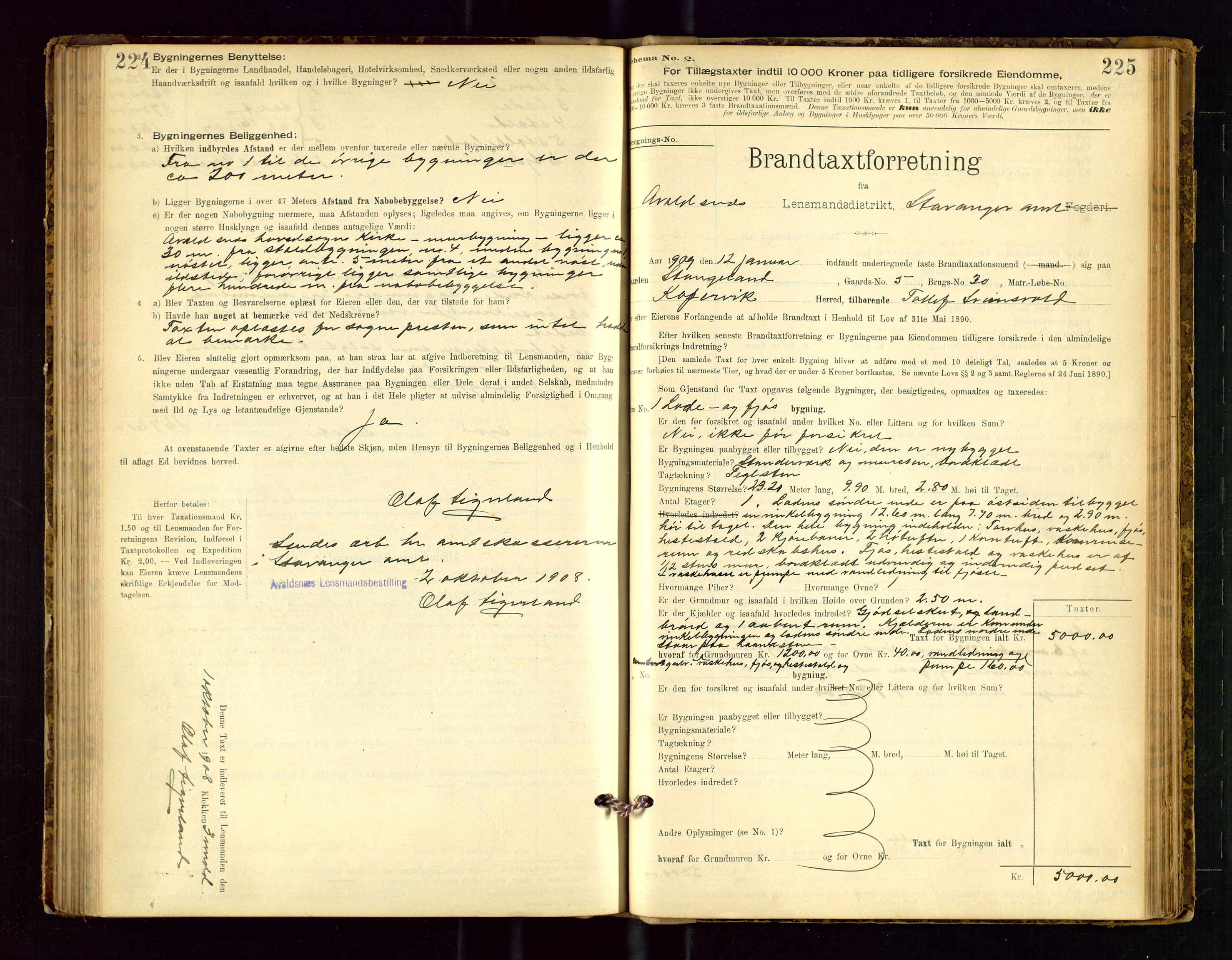 Avaldsnes lensmannskontor, SAST/A-100286/Gob/L0001: "Brandtaxationsprotokol for Avaldsnes Lensmandsdistrikt Ryfylke Fogderi", 1894-1925, p. 224-225