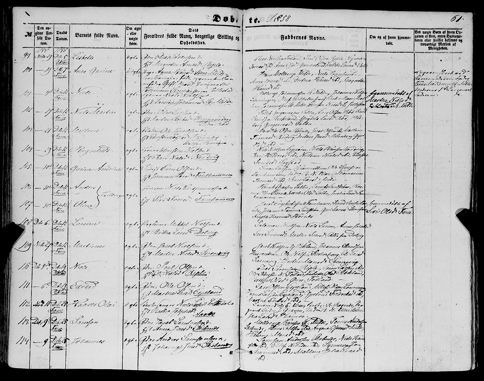 Fana Sokneprestembete, SAB/A-75101/H/Haa/Haaa/L0011: Parish register (official) no. A 11, 1851-1862, p. 61