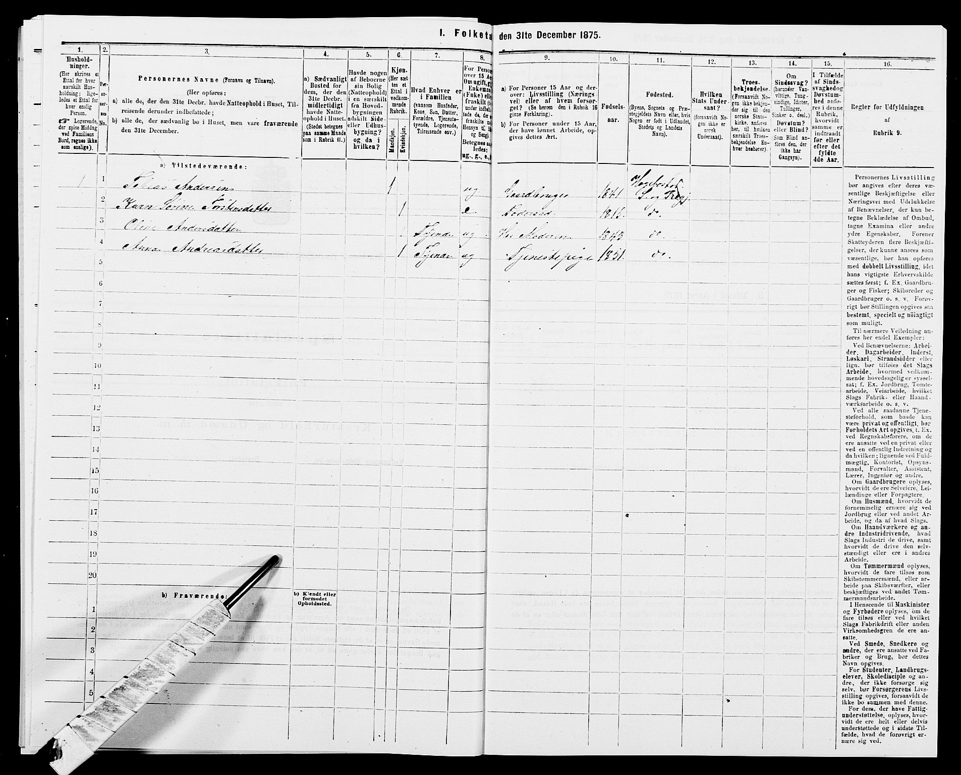SAK, 1875 census for 1034P Hægebostad, 1875, p. 95