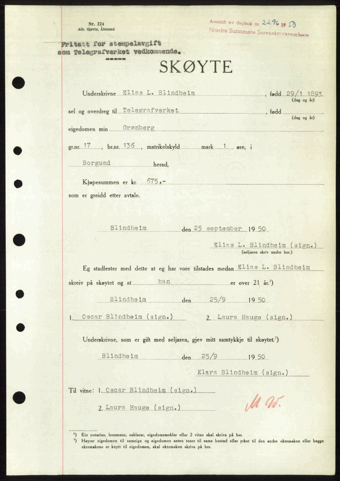 Nordre Sunnmøre sorenskriveri, AV/SAT-A-0006/1/2/2C/2Ca: Mortgage book no. A36, 1950-1950, Diary no: : 2296/1950