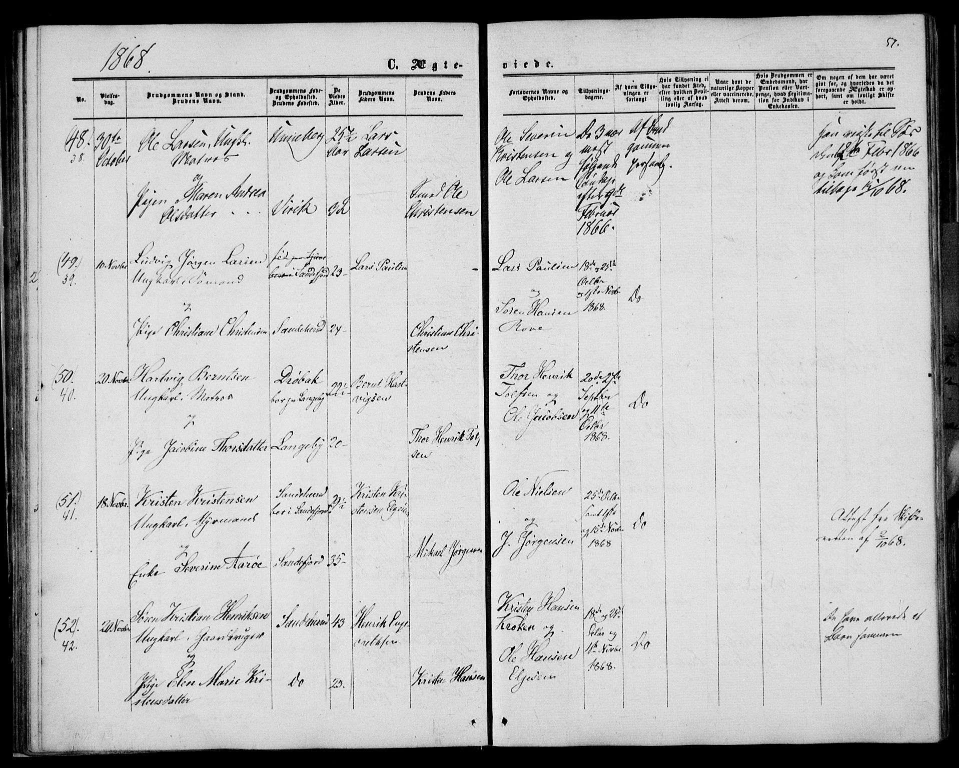 Sandar kirkebøker, AV/SAKO-A-243/F/Fa/L0009: Parish register (official) no. 9, 1862-1871, p. 57