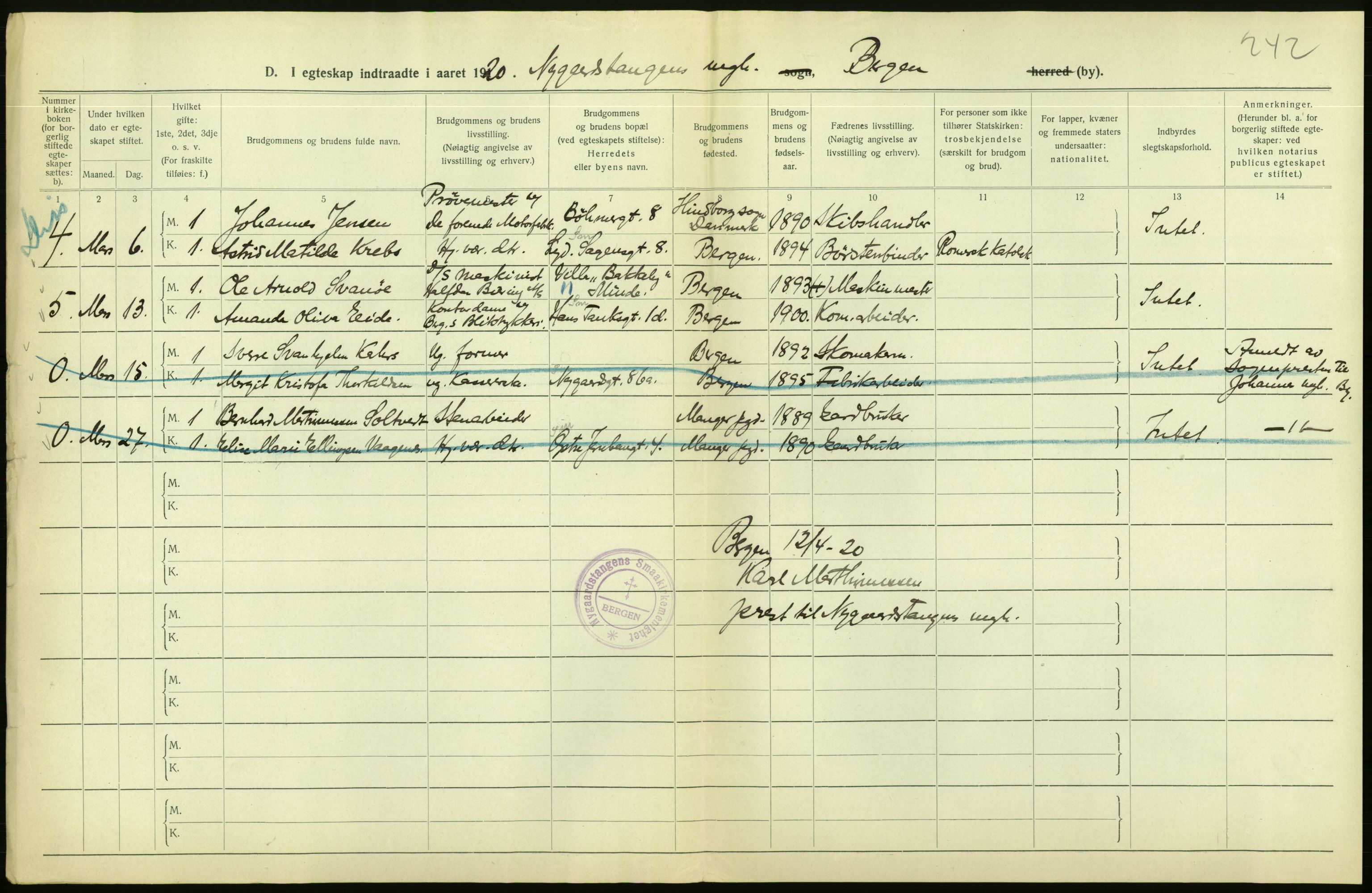 Statistisk sentralbyrå, Sosiodemografiske emner, Befolkning, AV/RA-S-2228/D/Df/Dfb/Dfbj/L0042: Bergen: Gifte, døde, dødfødte., 1920, p. 22