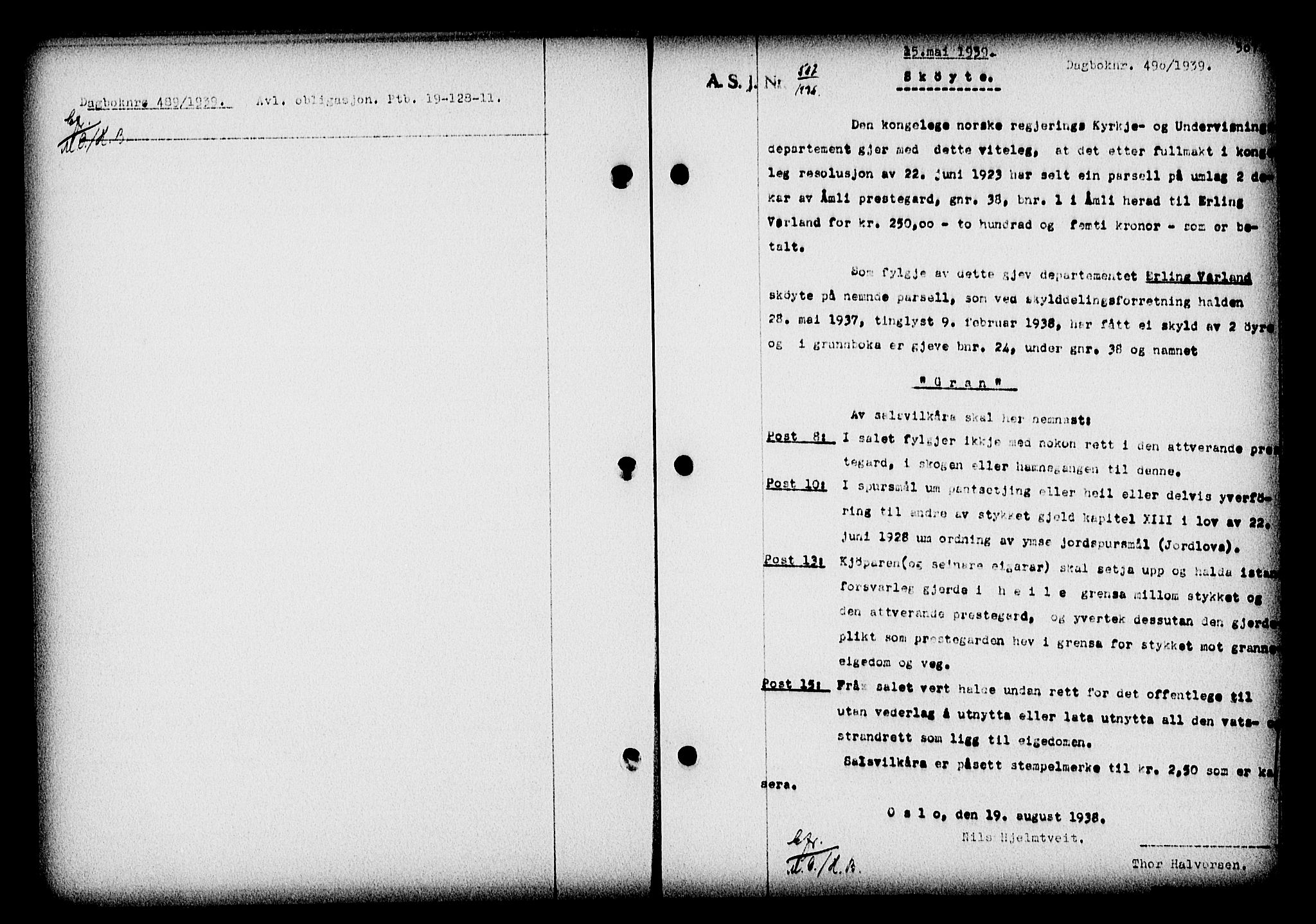 Nedenes sorenskriveri, SAK/1221-0006/G/Gb/Gba/L0046: Mortgage book no. 42, 1938-1939, Diary no: : 490/1939