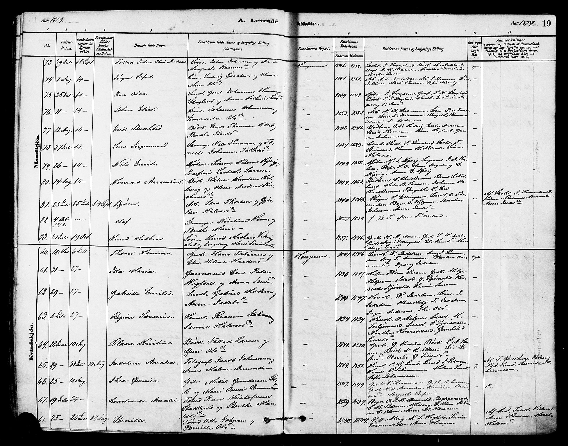 Haugesund sokneprestkontor, AV/SAST-A -101863/H/Ha/Haa/L0001: Parish register (official) no. A 1, 1878-1885, p. 19