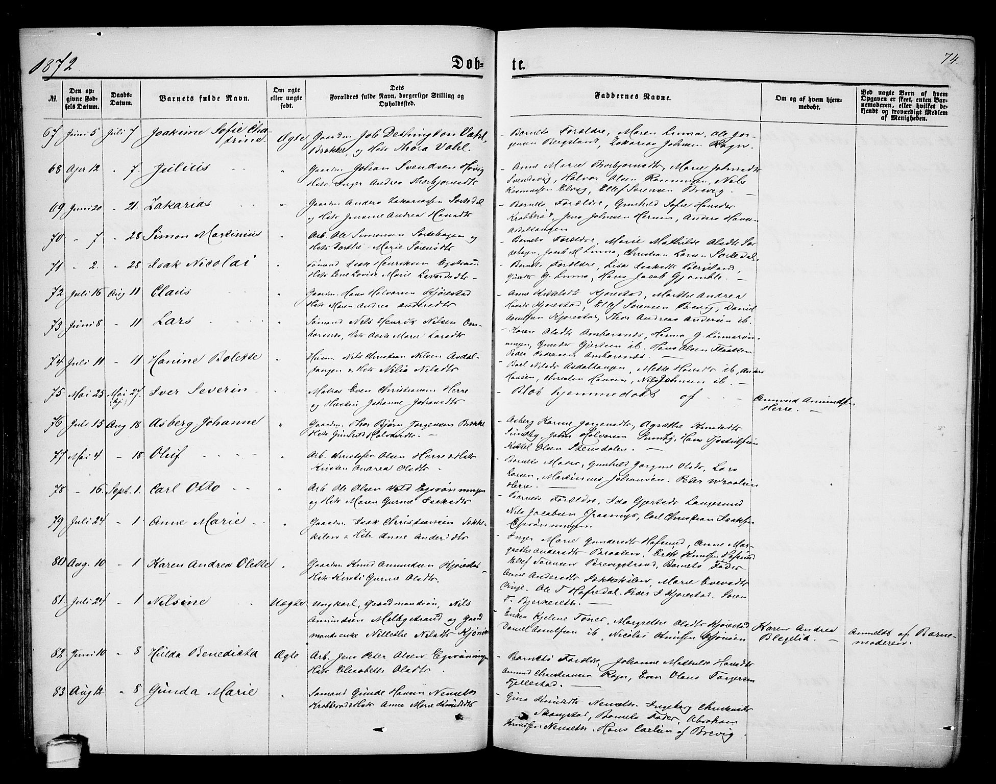 Bamble kirkebøker, AV/SAKO-A-253/G/Ga/L0006: Parish register (copy) no. I 6, 1860-1876, p. 74