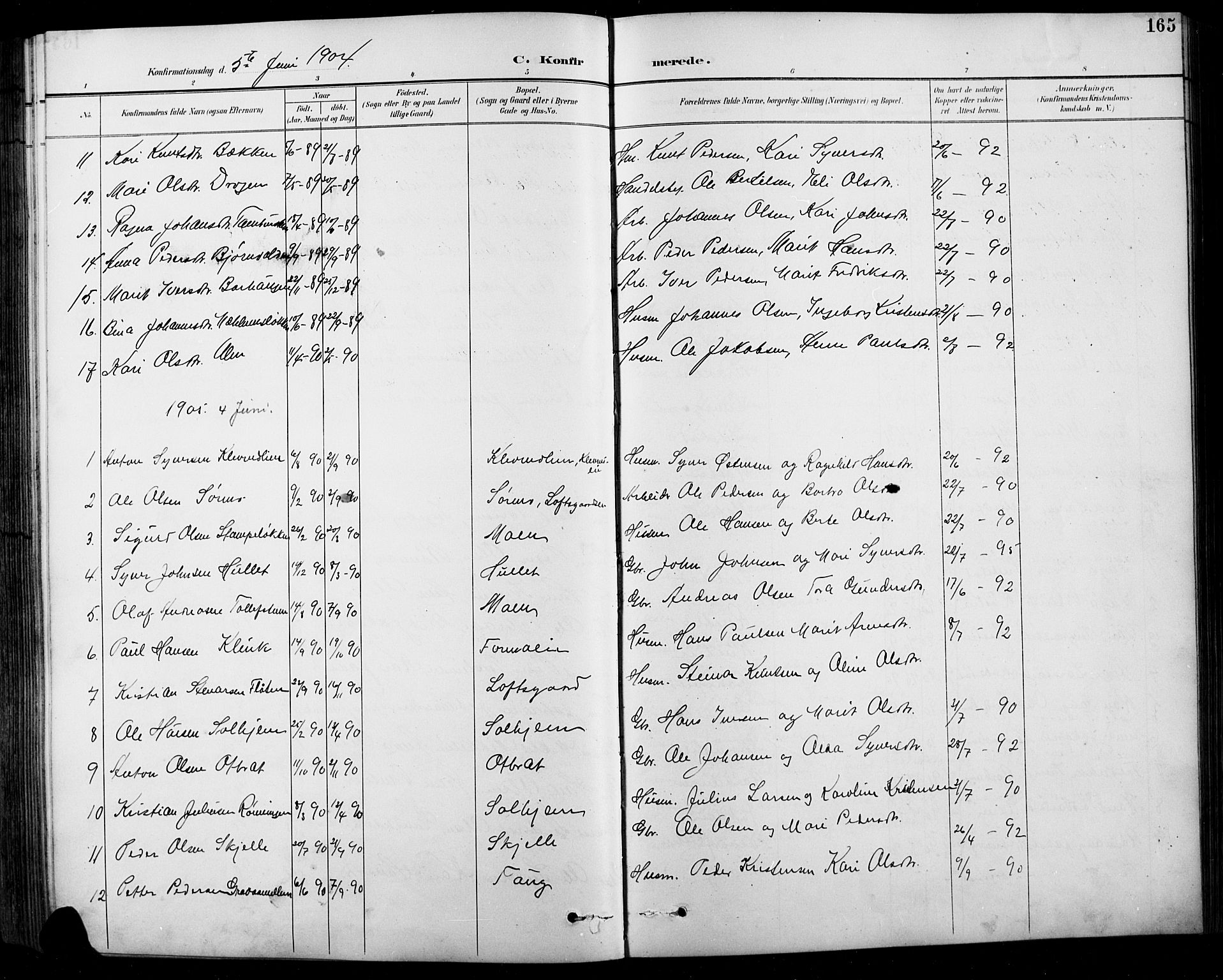 Sel prestekontor, SAH/PREST-074/H/Ha/Hab/L0001: Parish register (copy) no. 1, 1894-1923, p. 165