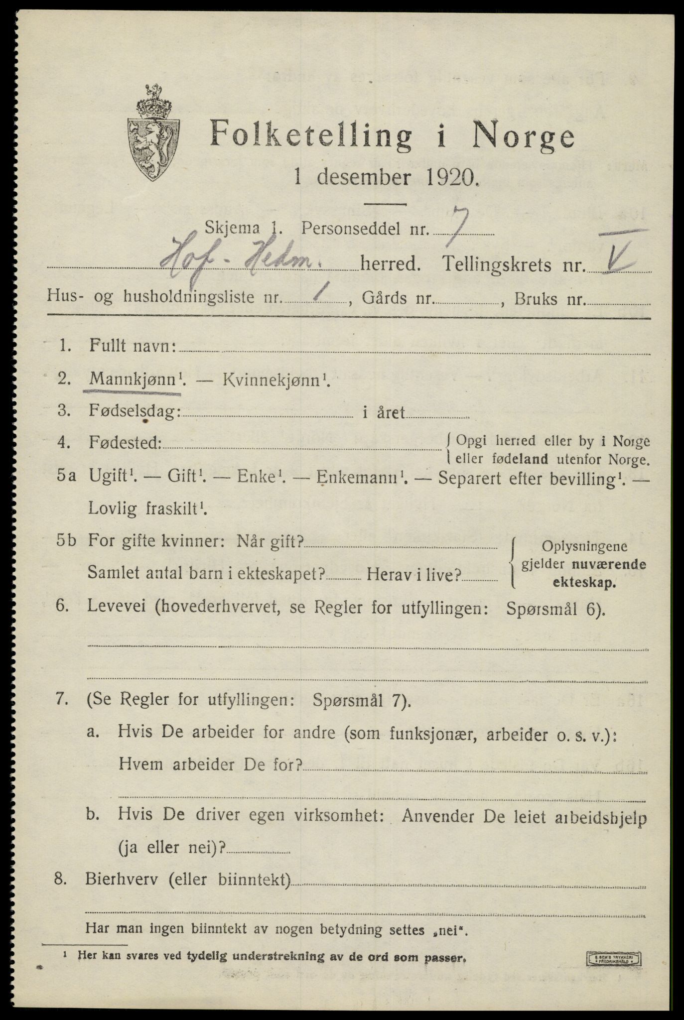 SAH, 1920 census for Hof, 1920, p. 7113