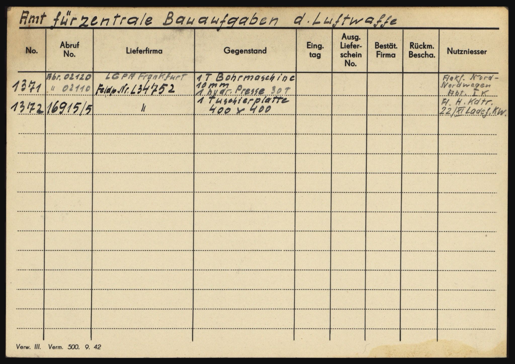 Tyske arkiver, Organisation Todt (OT), Einsatzgruppe Wiking, AV/RA-RAFA-2188/1/O/O12/L0001: Kartotek - Bestandskartei der Nachschublager, 1940-1945, p. 5