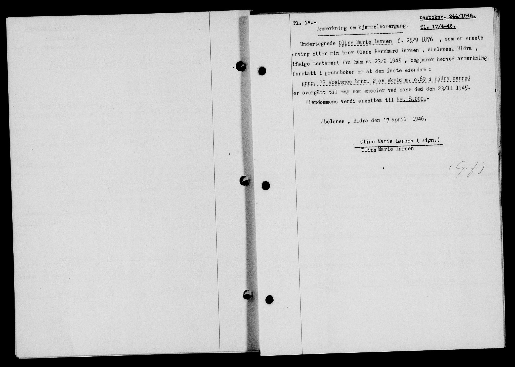 Flekkefjord sorenskriveri, SAK/1221-0001/G/Gb/Gba/L0060: Mortgage book no. A-8, 1945-1946, Diary no: : 244/1946