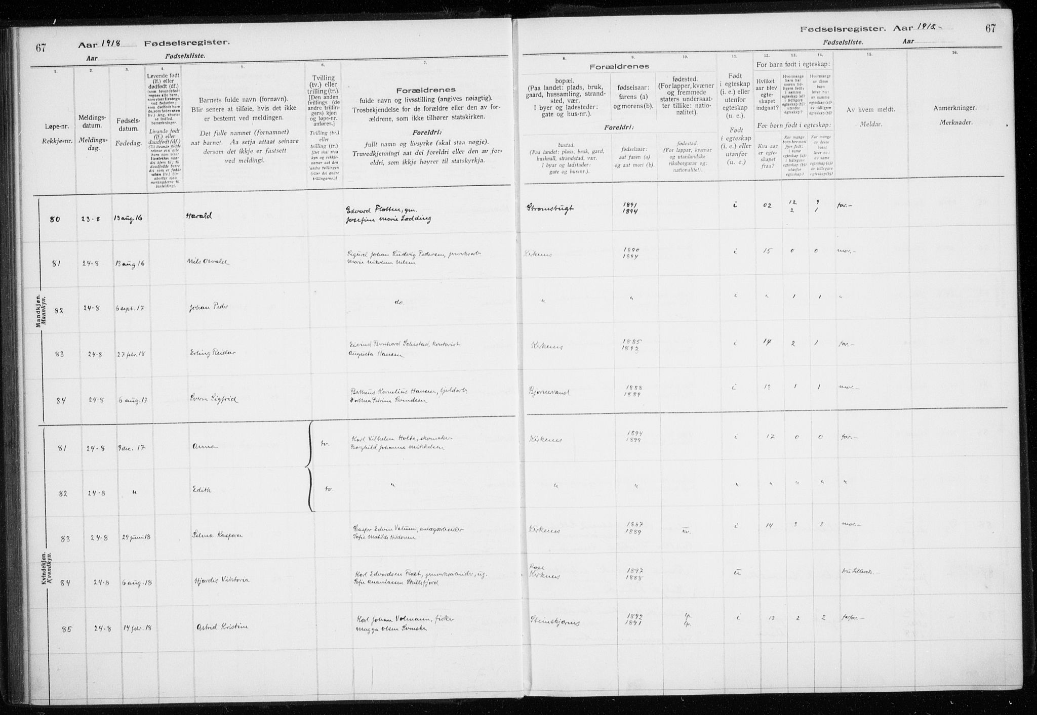 Sør-Varanger sokneprestkontor, AV/SATØ-S-1331/I/Ia/L0016: Birth register no. 16, 1915-1925, p. 67