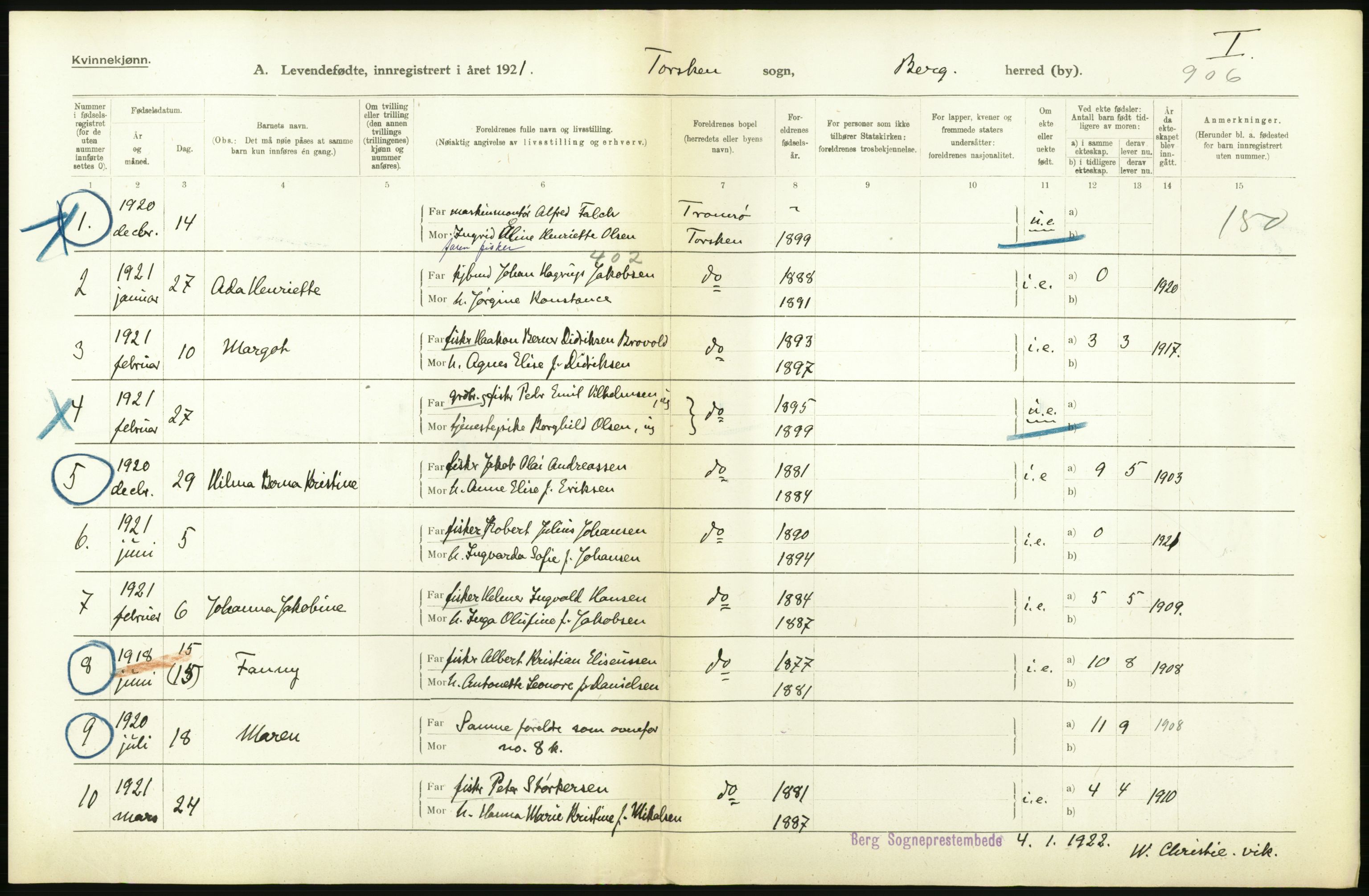 Statistisk sentralbyrå, Sosiodemografiske emner, Befolkning, AV/RA-S-2228/D/Df/Dfc/Dfca/L0052: Troms fylke: Levendefødte menn og kvinner. Bygder og byer., 1921, p. 408