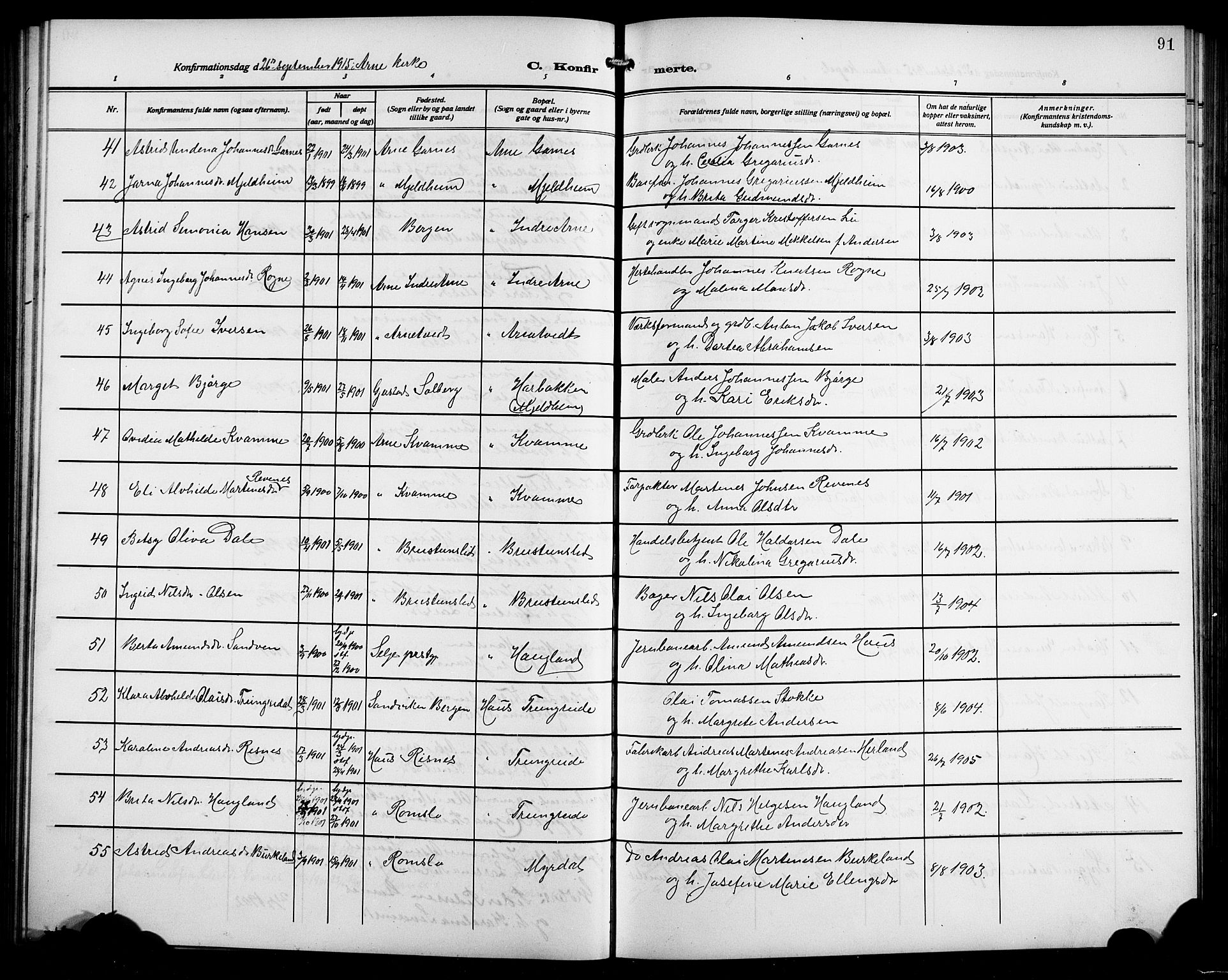 Arna Sokneprestembete, AV/SAB-A-74001/H/Ha/Hab: Parish register (copy) no. A 5, 1911-1921, p. 91