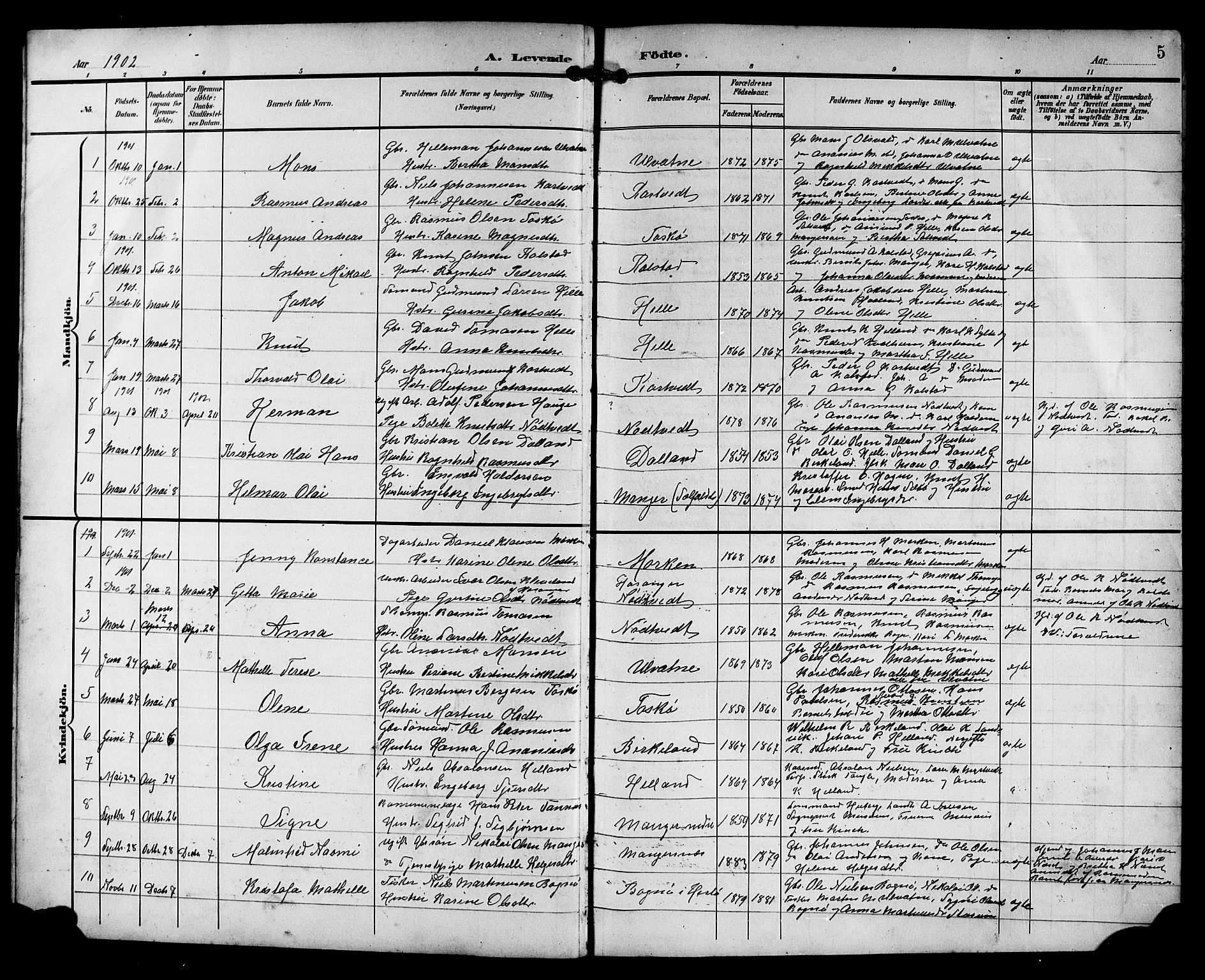 Manger sokneprestembete, SAB/A-76801/H/Hab: Parish register (copy) no. A 2, 1902-1923, p. 5