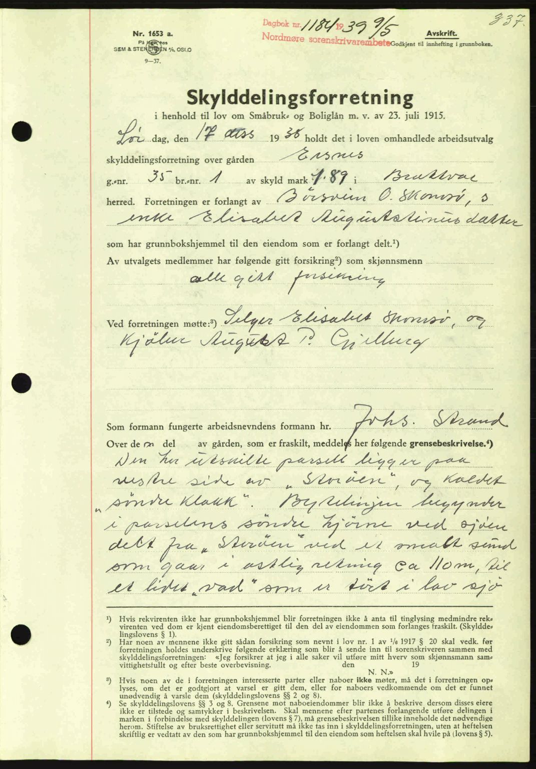 Nordmøre sorenskriveri, AV/SAT-A-4132/1/2/2Ca: Mortgage book no. A86, 1939-1939, Diary no: : 1184/1939