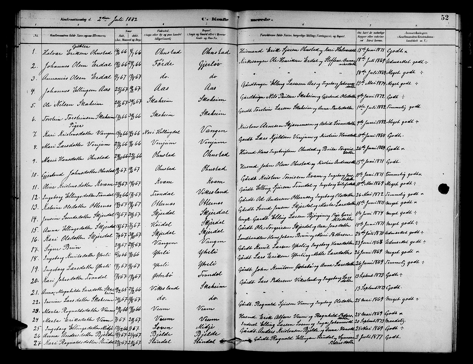 Aurland sokneprestembete, SAB/A-99937/H/Hb/Hba/L0002: Parish register (copy) no. A 2, 1880-1895, p. 52