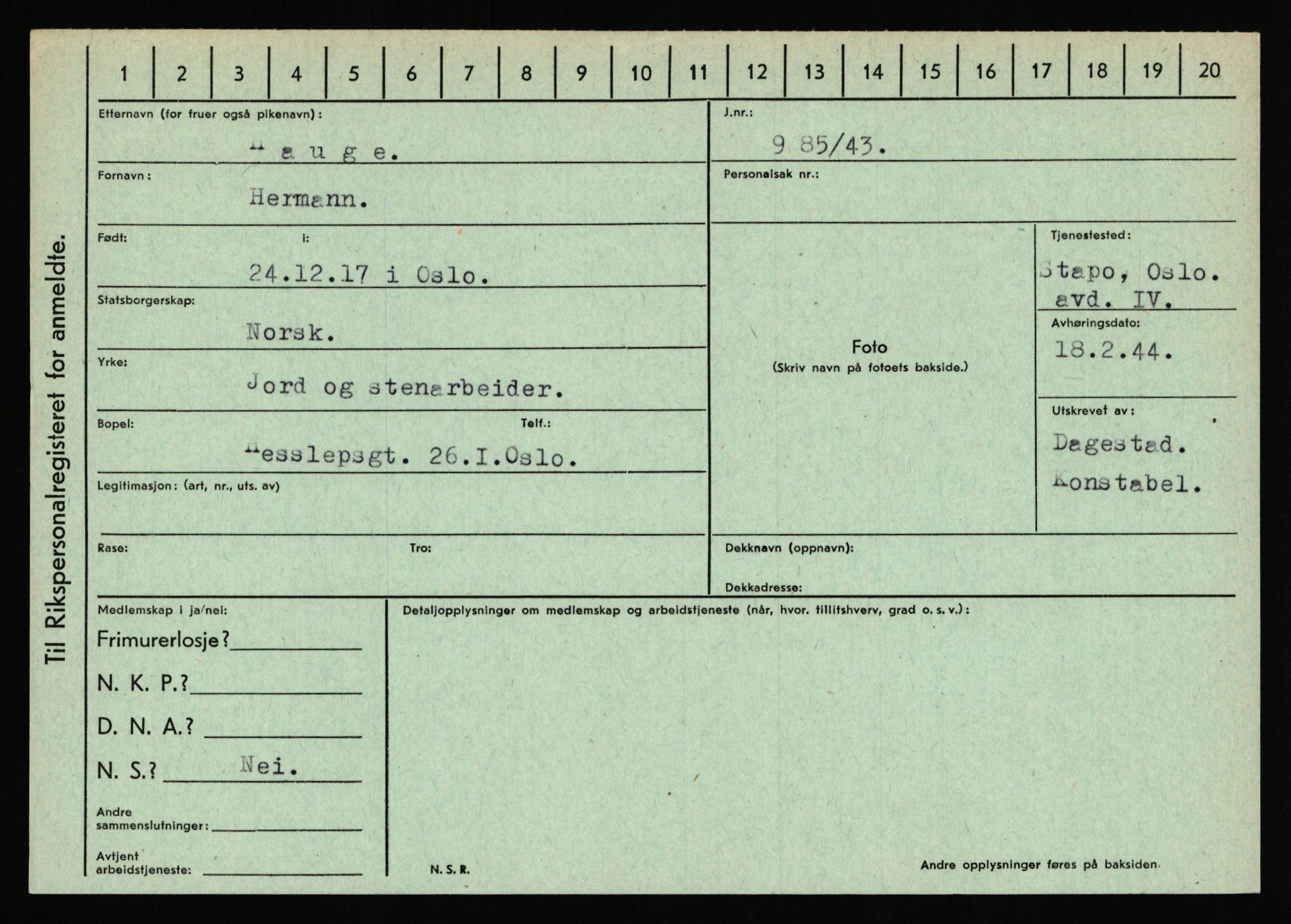 Statspolitiet - Hovedkontoret / Osloavdelingen, AV/RA-S-1329/C/Ca/L0006: Hanche - Hokstvedt, 1943-1945, p. 2265