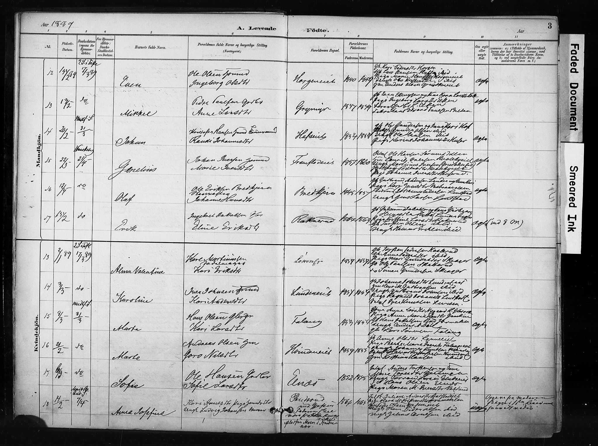 Gran prestekontor, AV/SAH-PREST-112/H/Ha/Haa/L0017: Parish register (official) no. 17, 1889-1897, p. 3