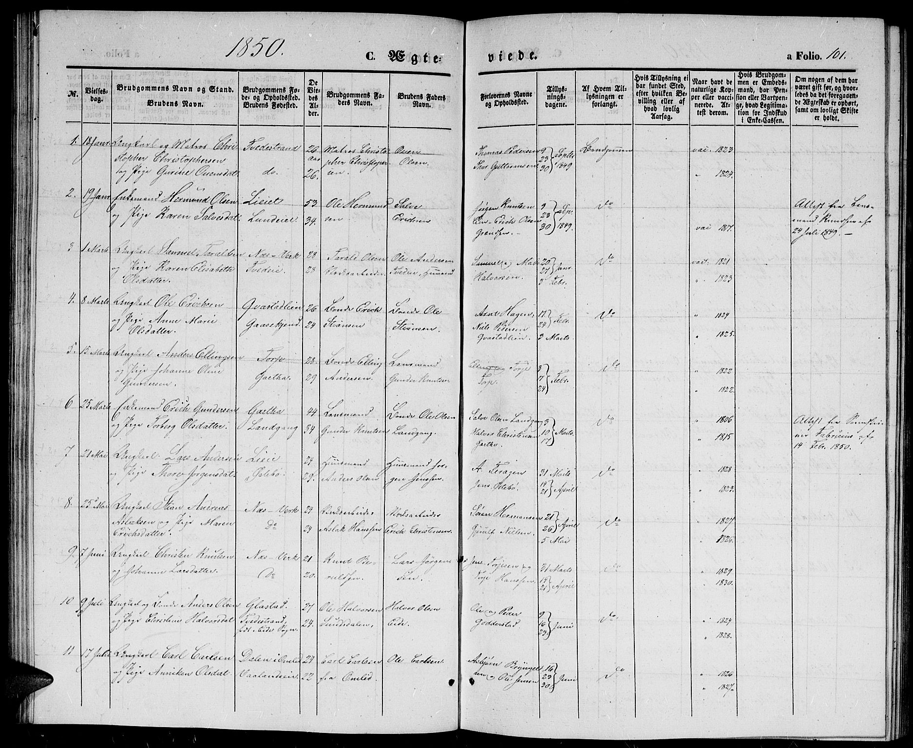 Holt sokneprestkontor, AV/SAK-1111-0021/F/Fb/L0007: Parish register (copy) no. B 7, 1849-1858, p. 101