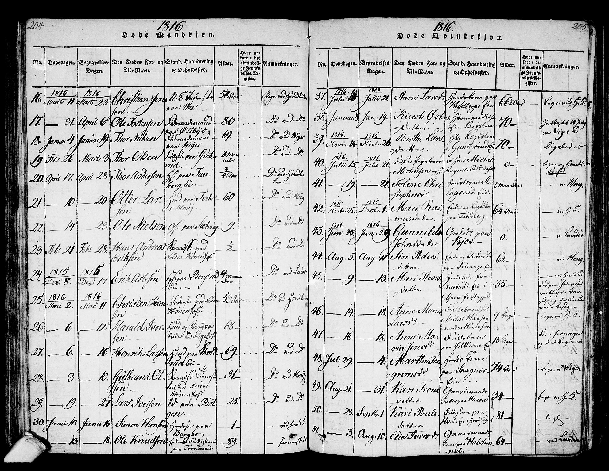 Norderhov kirkebøker, AV/SAKO-A-237/F/Fa/L0008: Parish register (official) no. 8, 1814-1833, p. 204-205