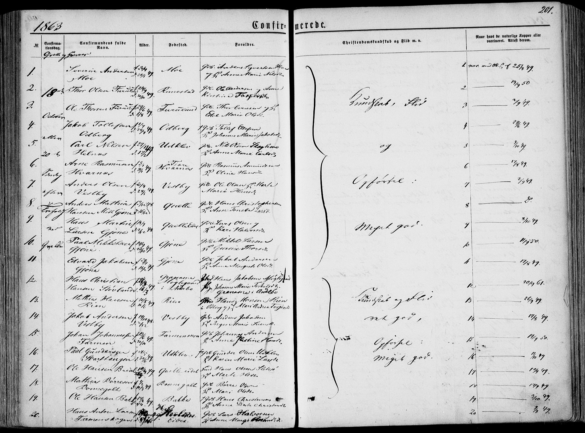 Hedrum kirkebøker, AV/SAKO-A-344/F/Fa/L0007: Parish register (official) no. I 7, 1857-1868, p. 201