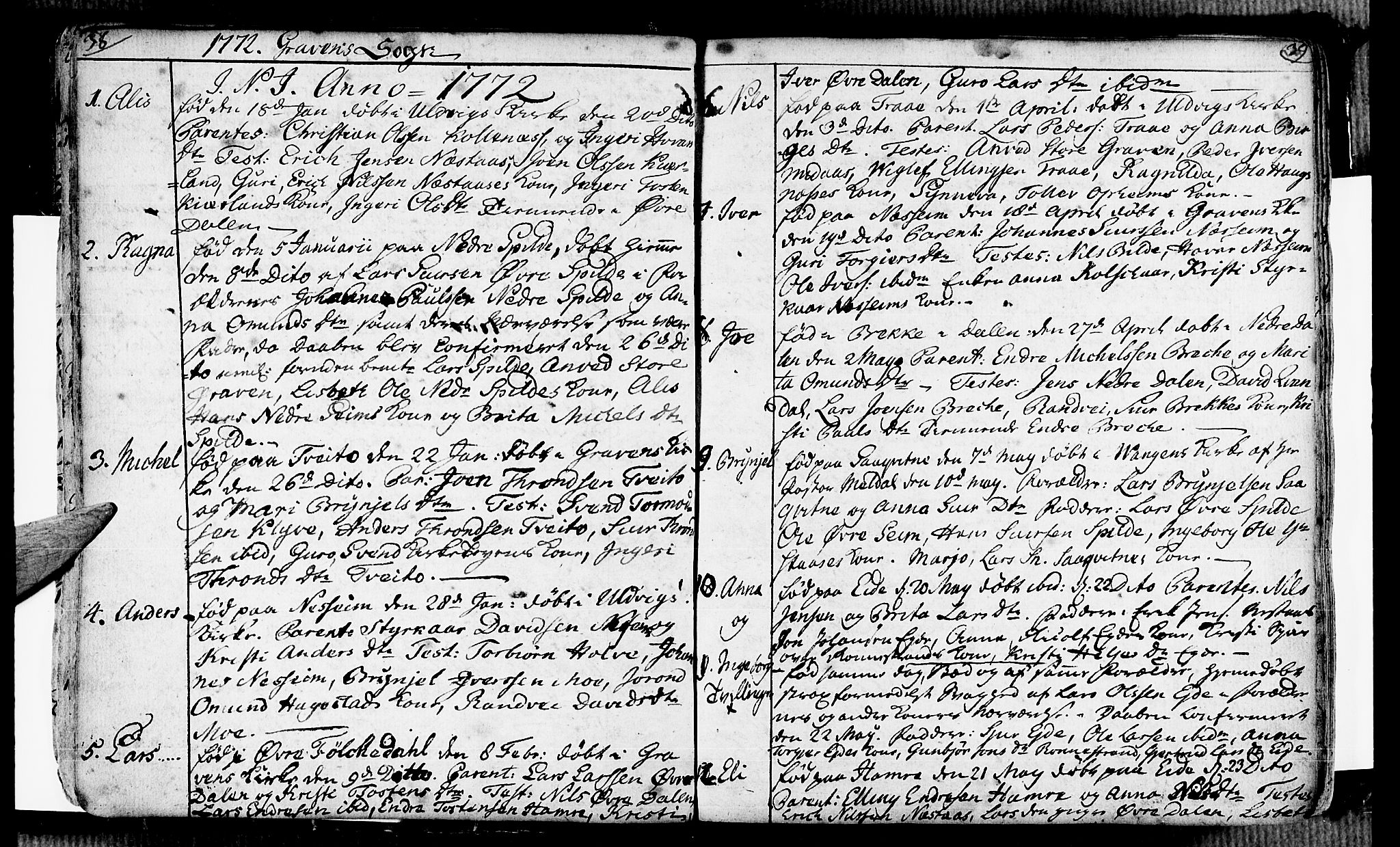 Ulvik sokneprestembete, SAB/A-78801/H/Haa: Parish register (official) no. A 7, 1761-1792, p. 38-39