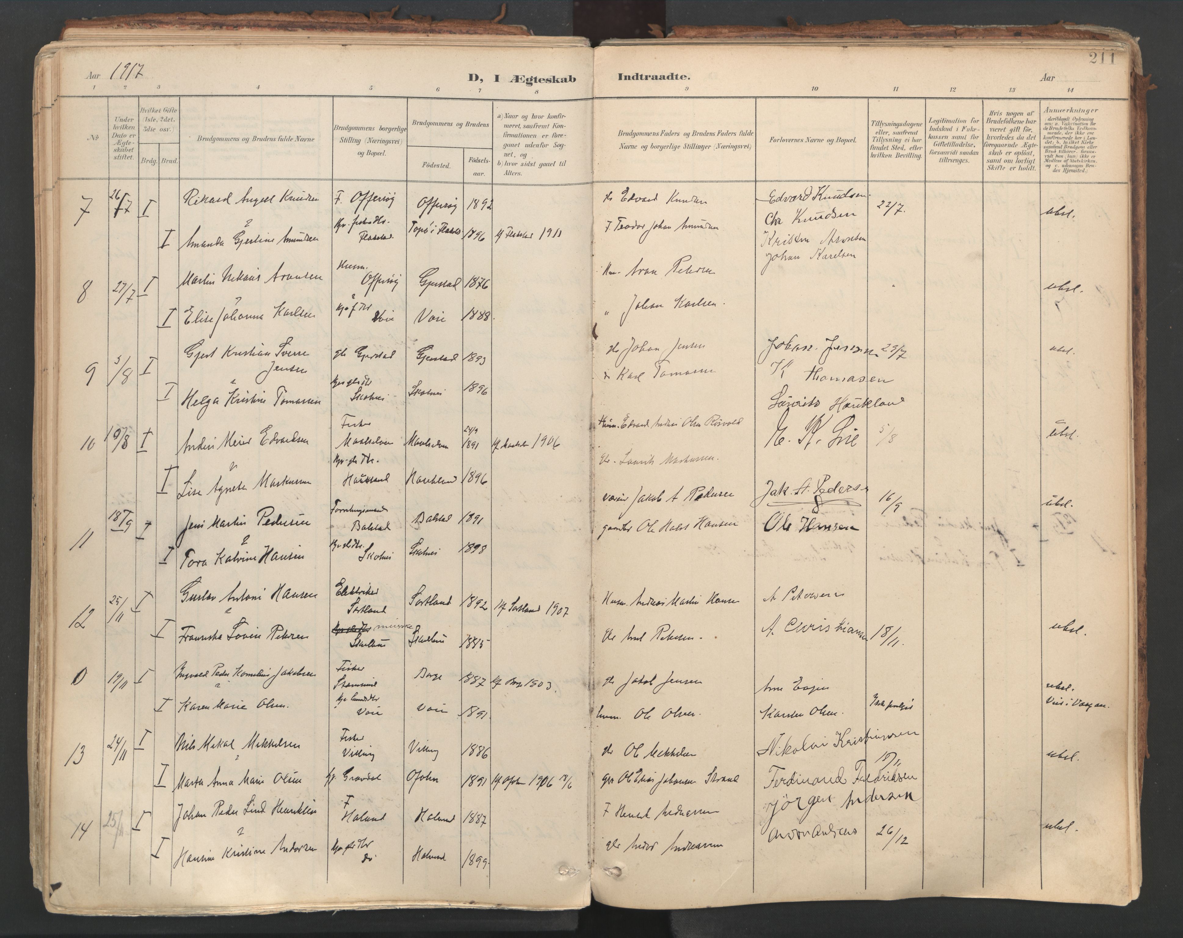 Ministerialprotokoller, klokkerbøker og fødselsregistre - Nordland, AV/SAT-A-1459/881/L1154: Parish register (official) no. 881A07, 1907-1918, p. 211