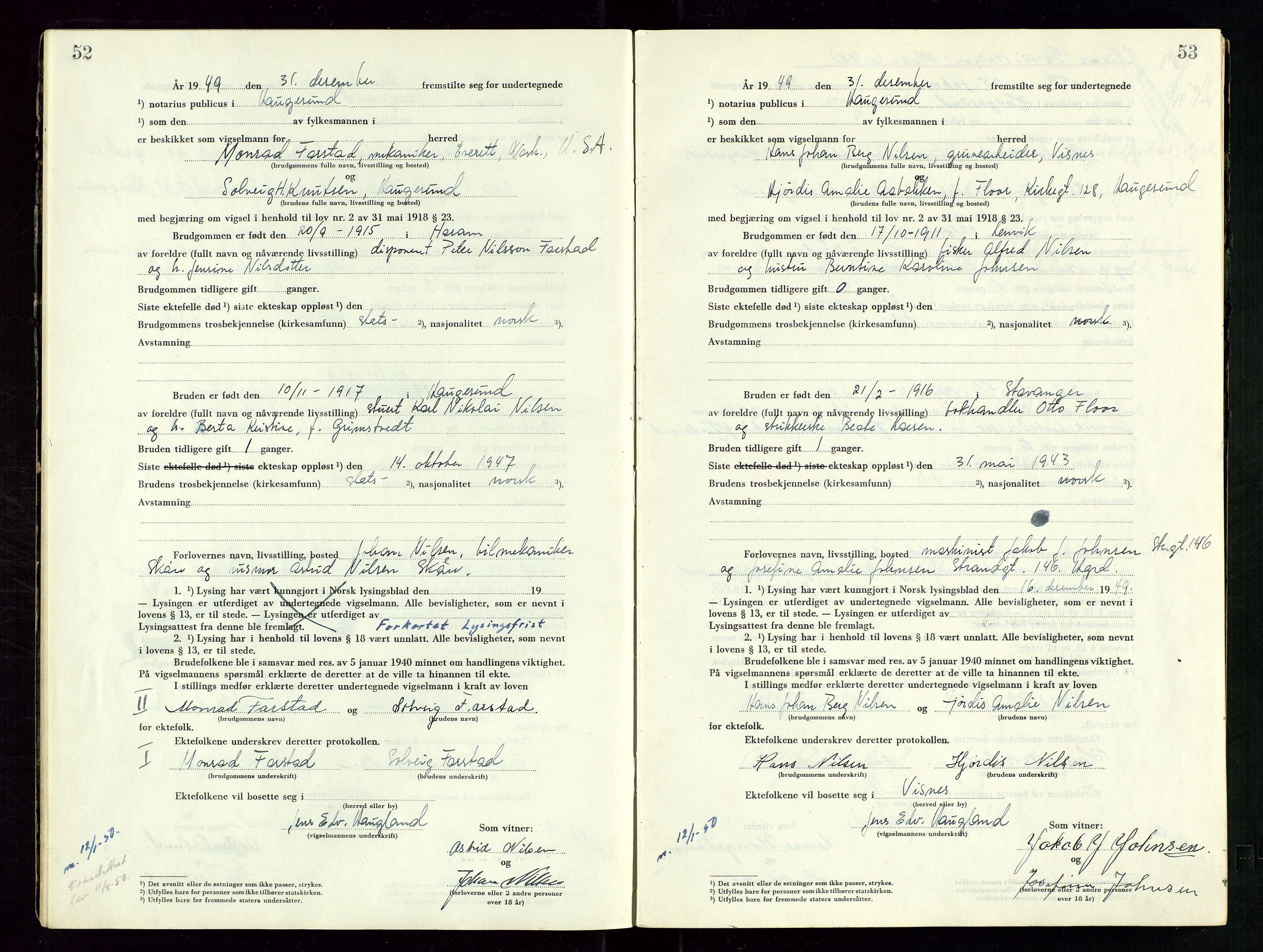 Haugesund tingrett, SAST/A-101415/01/III/IIID/L0006: Vigselbok, 1948-1956, p. 52-53