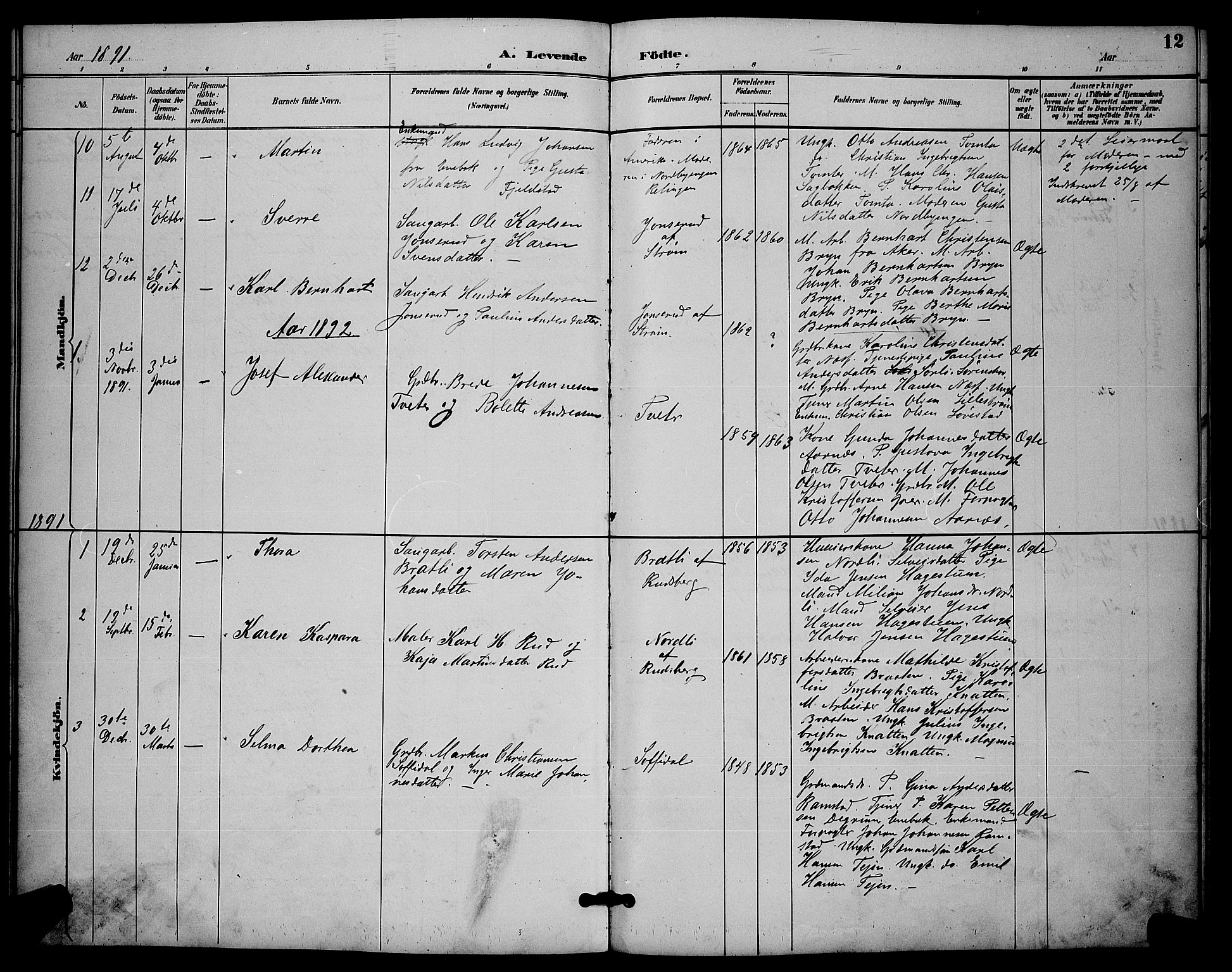 Fet prestekontor Kirkebøker, AV/SAO-A-10370a/G/Gb/L0003: Parish register (copy) no. II 3, 1888-1894, p. 12