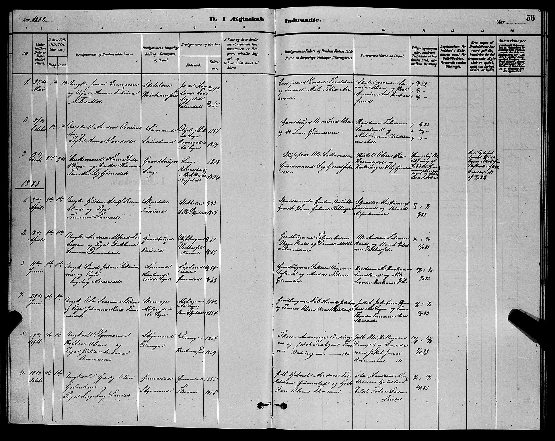 Herad sokneprestkontor, AV/SAK-1111-0018/F/Fb/Fba/L0004: Parish register (copy) no. B 4, 1882-1899, p. 56