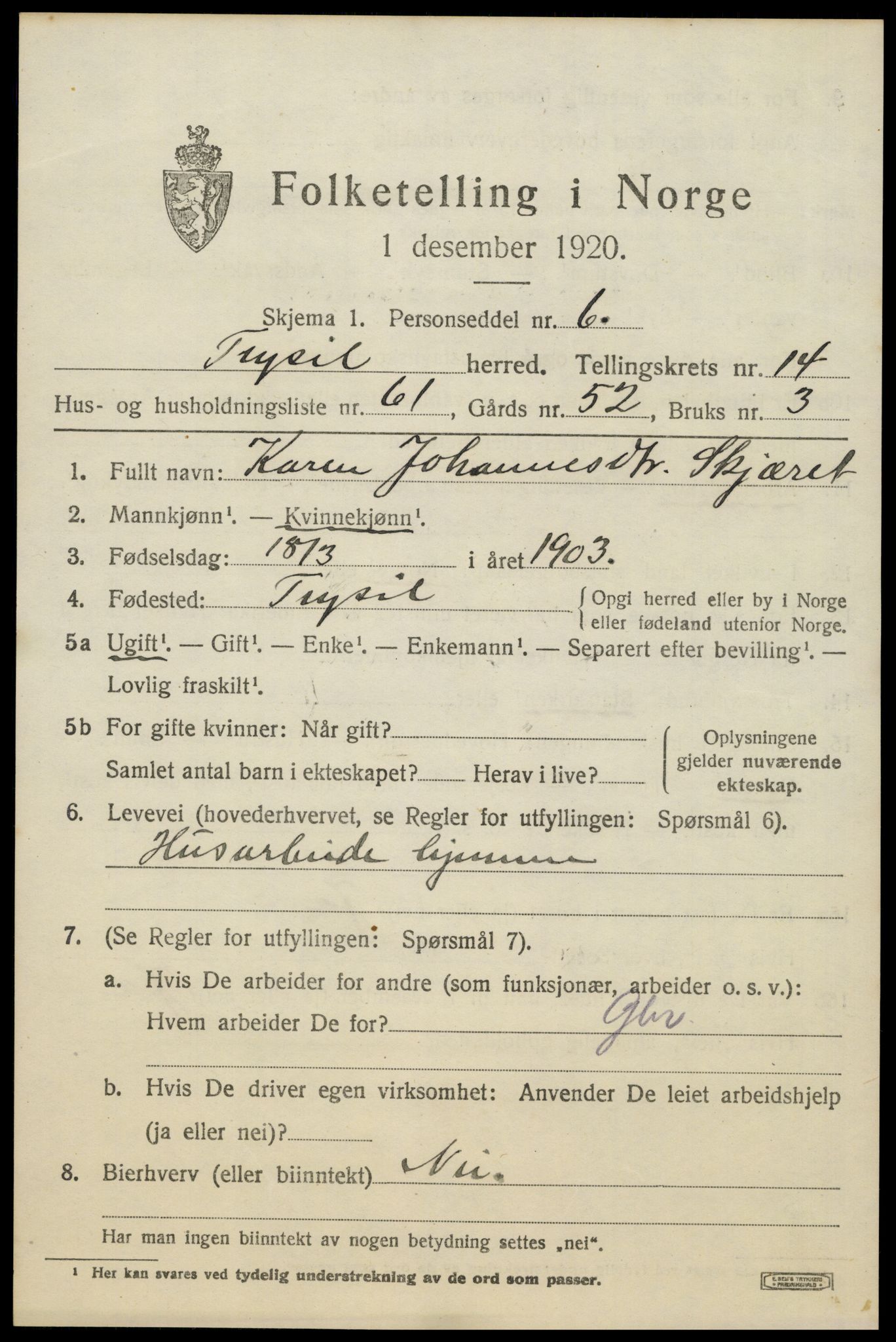 SAH, 1920 census for Trysil, 1920, p. 8669