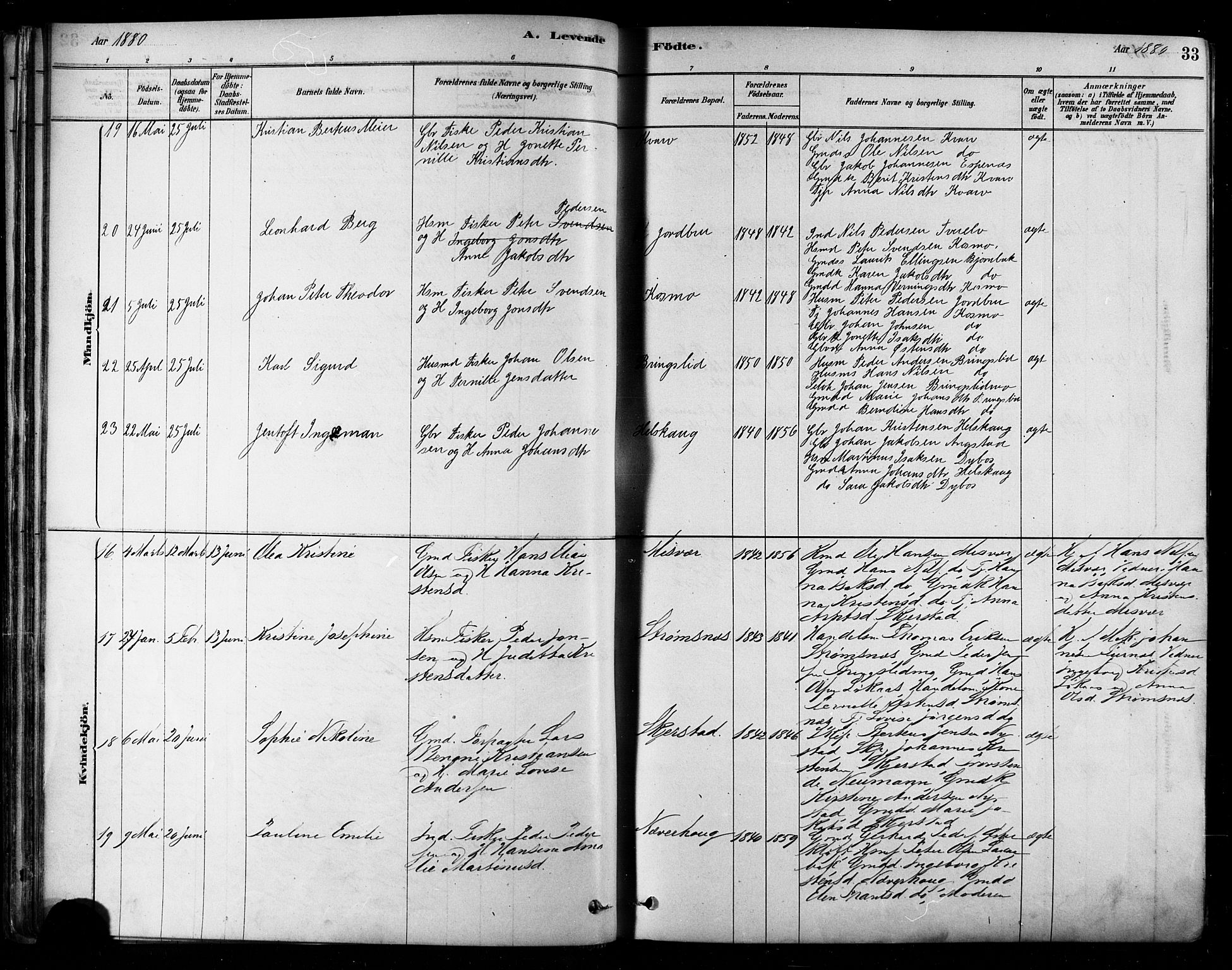 Ministerialprotokoller, klokkerbøker og fødselsregistre - Nordland, AV/SAT-A-1459/852/L0740: Parish register (official) no. 852A10, 1878-1894, p. 33