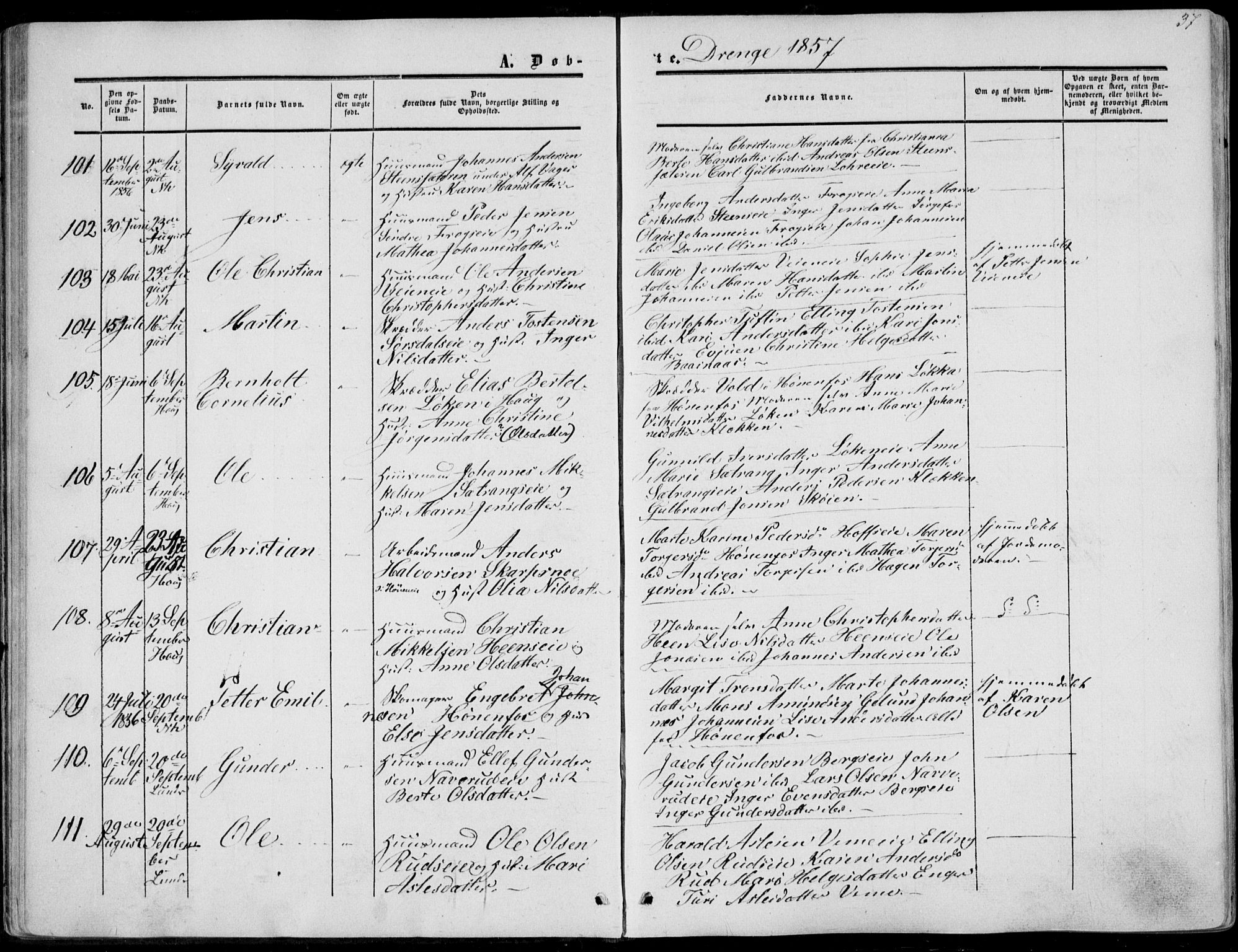 Norderhov kirkebøker, AV/SAKO-A-237/F/Fa/L0012: Parish register (official) no. 12, 1856-1865, p. 37