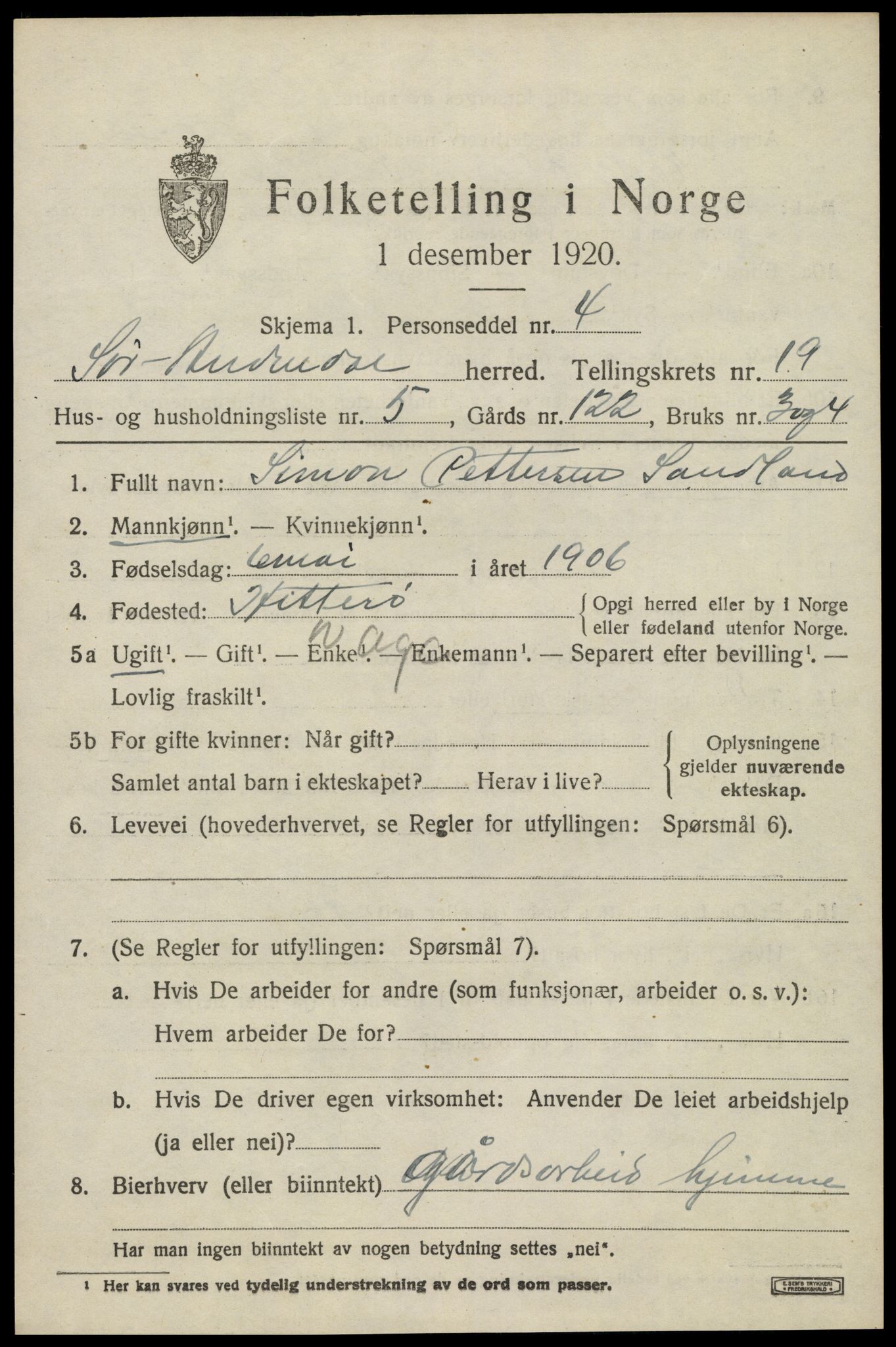 SAK, 1920 census for Sør-Audnedal, 1920, p. 6633