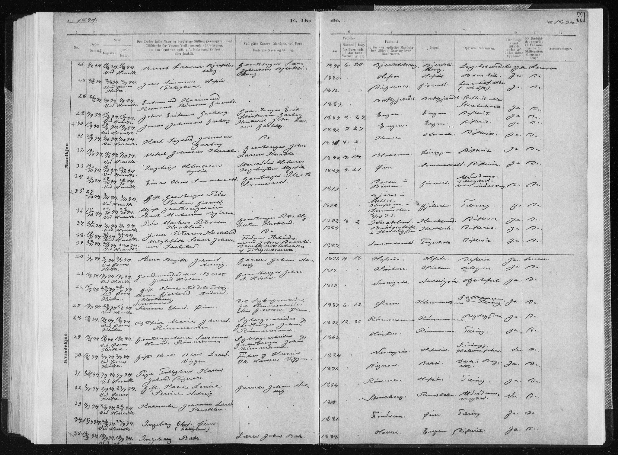 Ministerialprotokoller, klokkerbøker og fødselsregistre - Sør-Trøndelag, AV/SAT-A-1456/668/L0818: Parish register (copy) no. 668C07, 1885-1898, p. 331