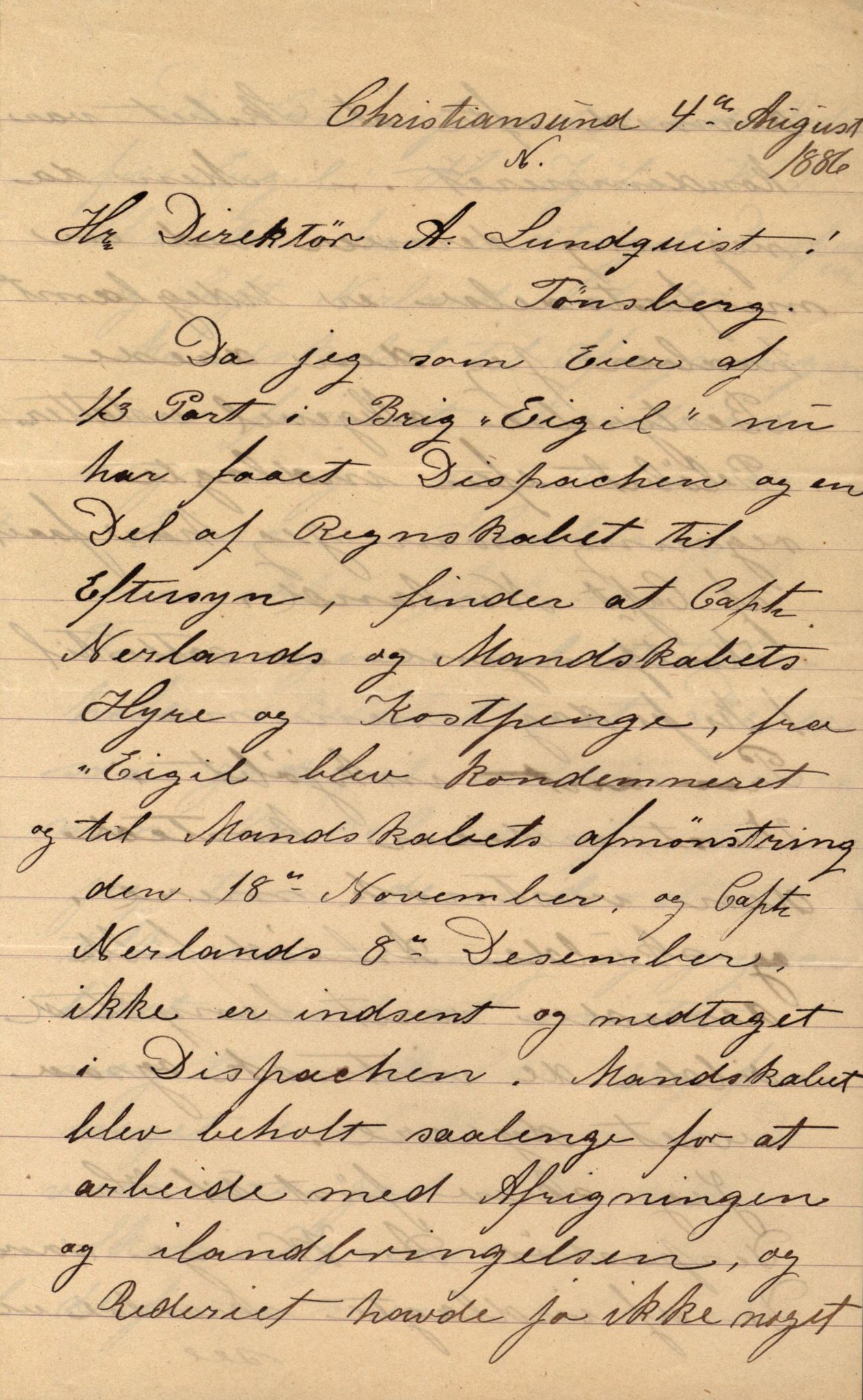 Pa 63 - Østlandske skibsassuranceforening, VEMU/A-1079/G/Ga/L0019/0003: Havaridokumenter / Empress, Eigil, Dato, Jarlen, Valhalla, Ternen, 1885-1886, p. 4