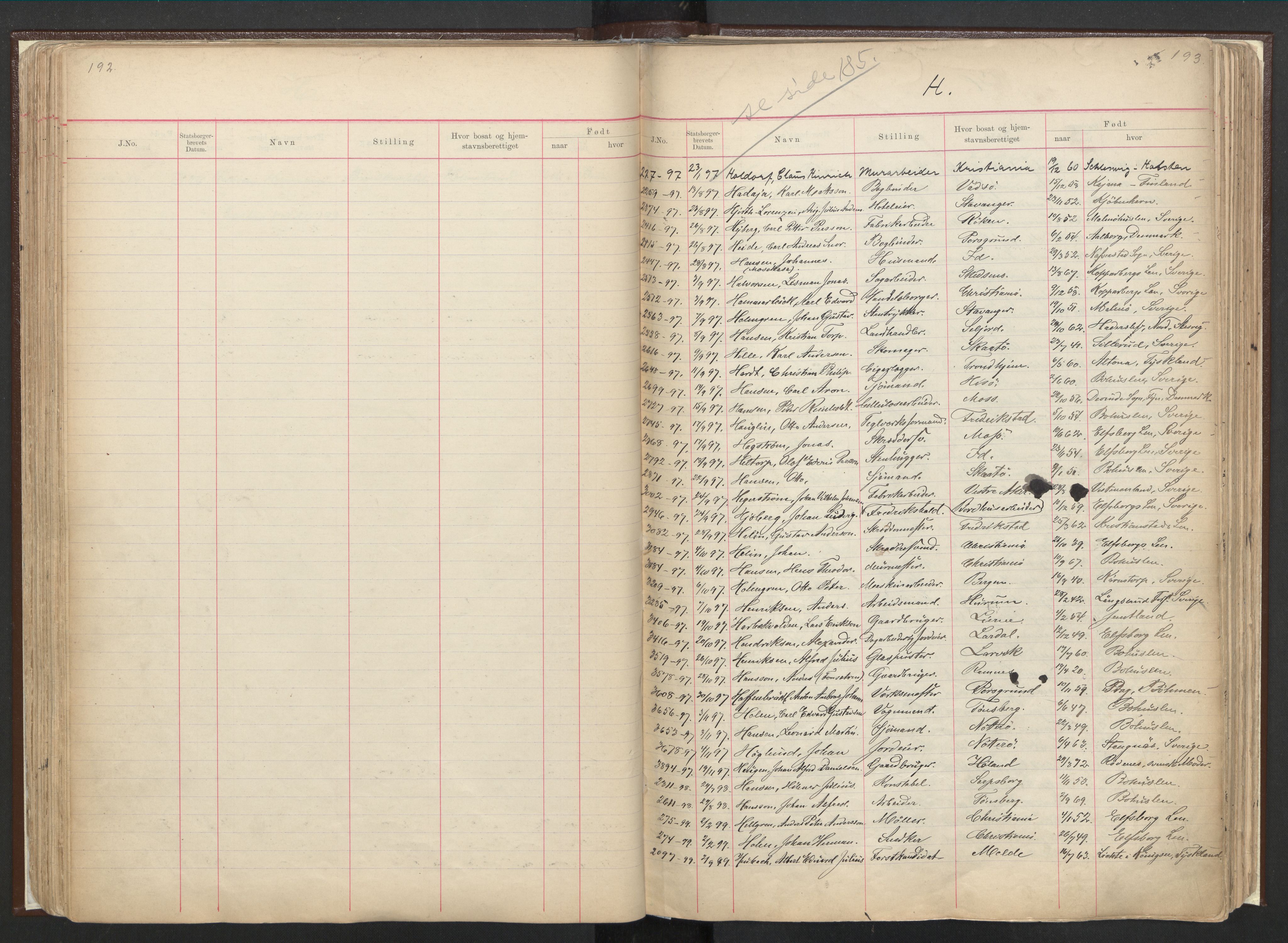 Justisdepartementet, 3. politikontor P3, AV/RA-S-1051/C/Cc/L0001: Journal over statsborgersaker, 1891-1946, p. 192-193