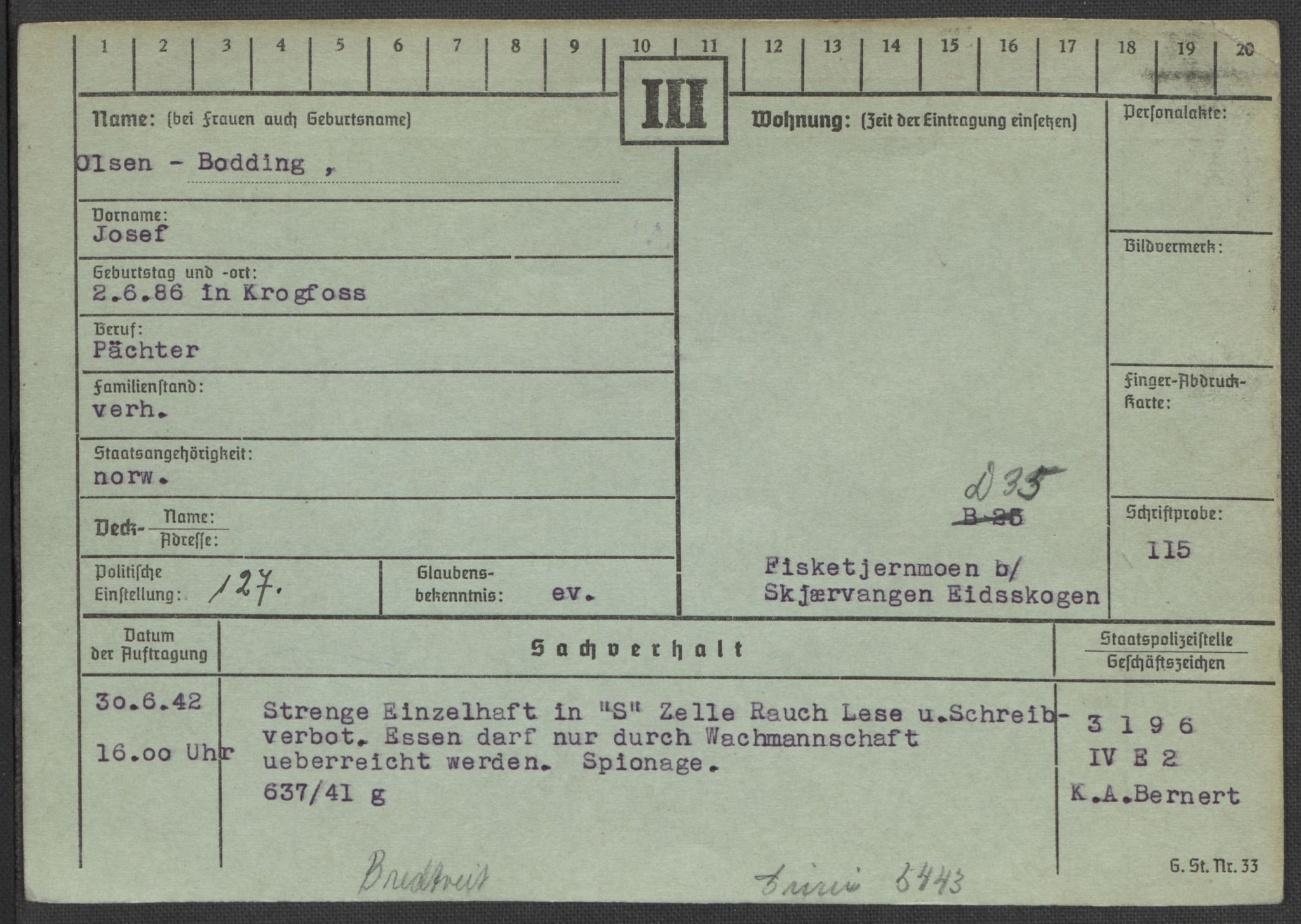 Befehlshaber der Sicherheitspolizei und des SD, RA/RAFA-5969/E/Ea/Eaa/L0002: Register over norske fanger i Møllergata 19: Bj-Eng, 1940-1945, p. 58