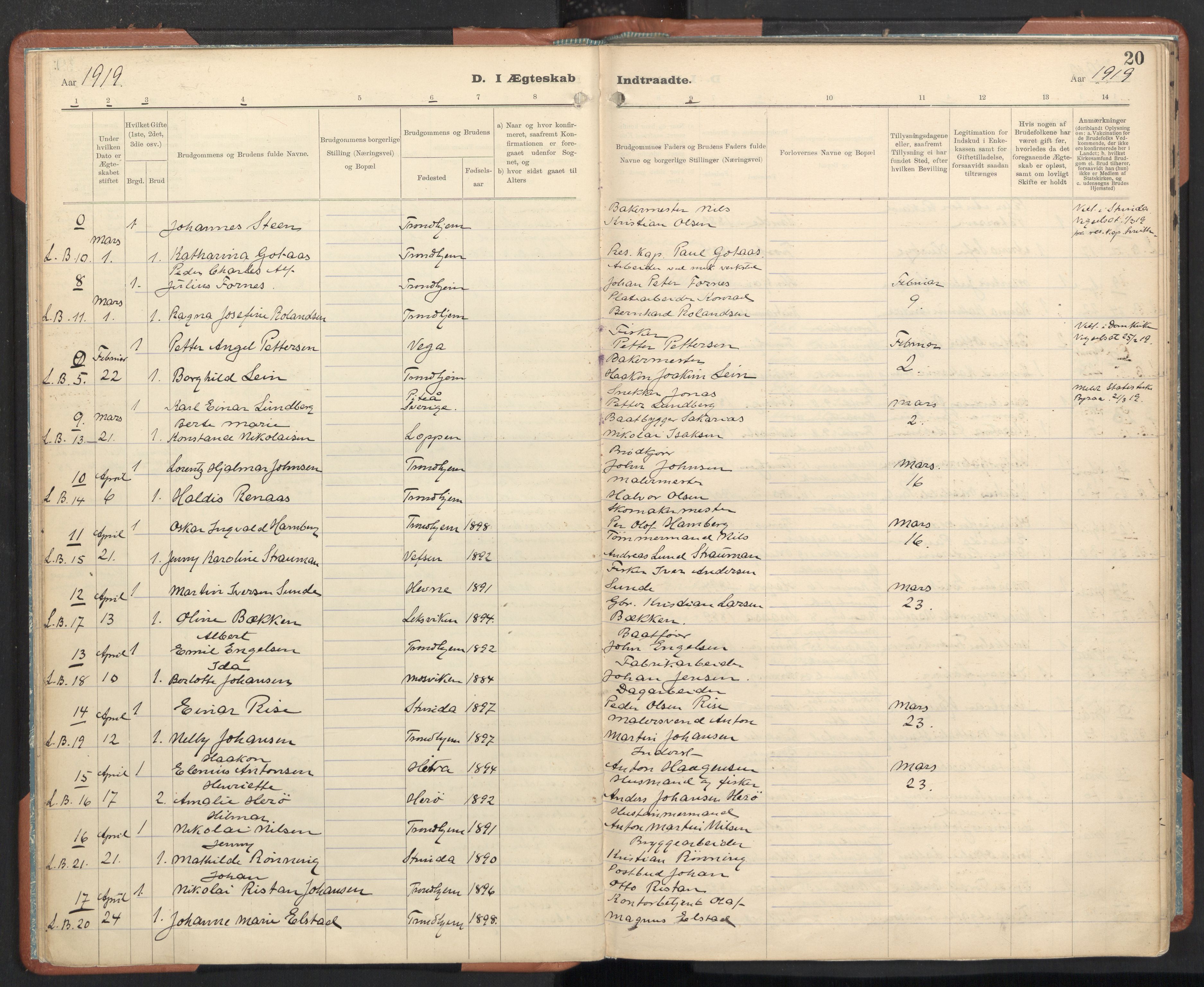 Ministerialprotokoller, klokkerbøker og fødselsregistre - Sør-Trøndelag, SAT/A-1456/605/L0245: Parish register (official) no. 605A07, 1916-1938, p. 20