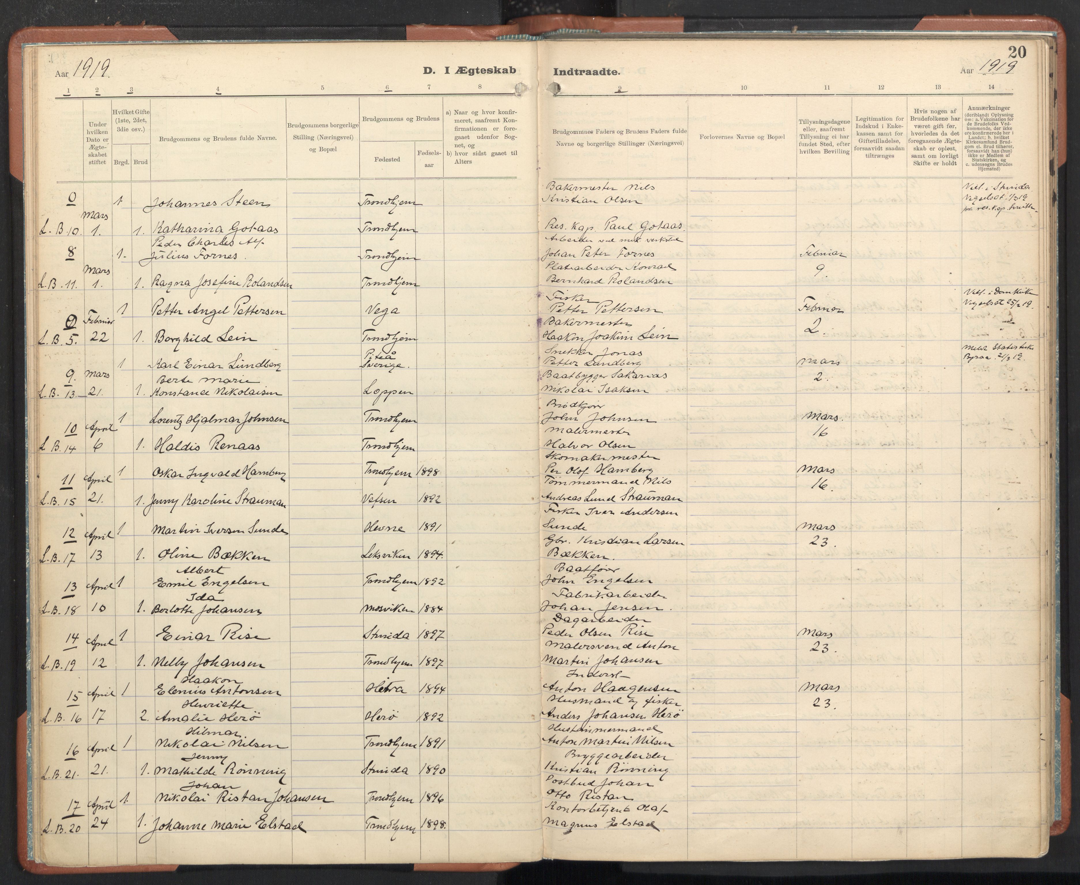 Ministerialprotokoller, klokkerbøker og fødselsregistre - Sør-Trøndelag, AV/SAT-A-1456/605/L0245: Parish register (official) no. 605A07, 1916-1938, p. 20