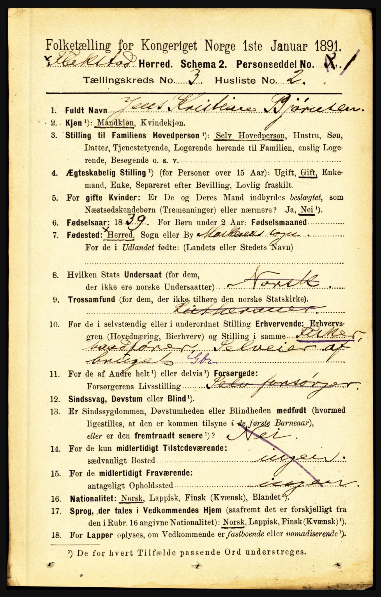 RA, 1891 census for 1859 Flakstad, 1891, p. 1301