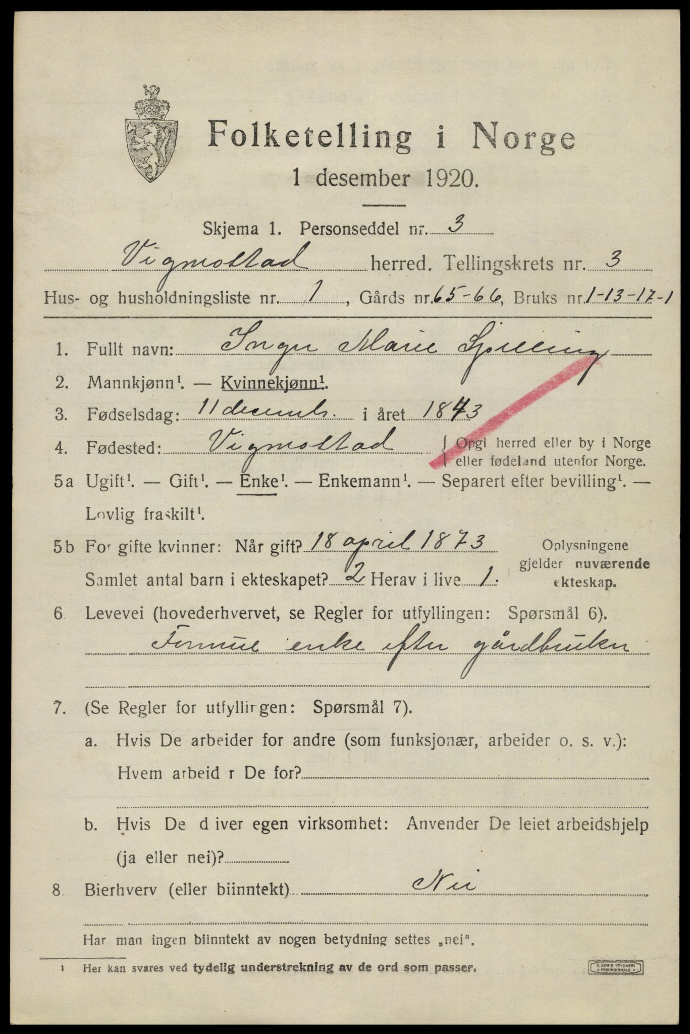 SAK, 1920 census for Vigmostad, 1920, p. 819