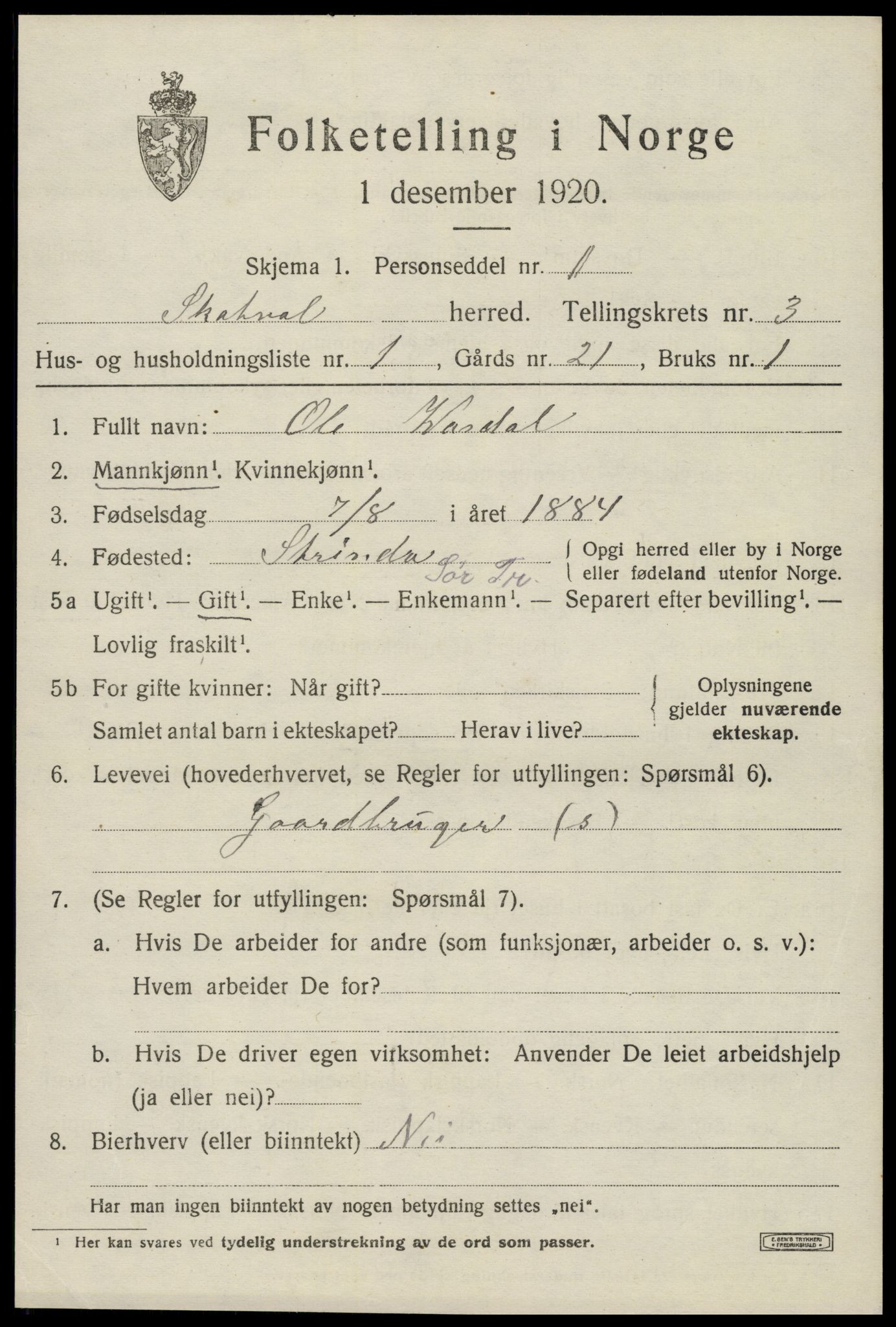 SAT, 1920 census for Skatval, 1920, p. 1407