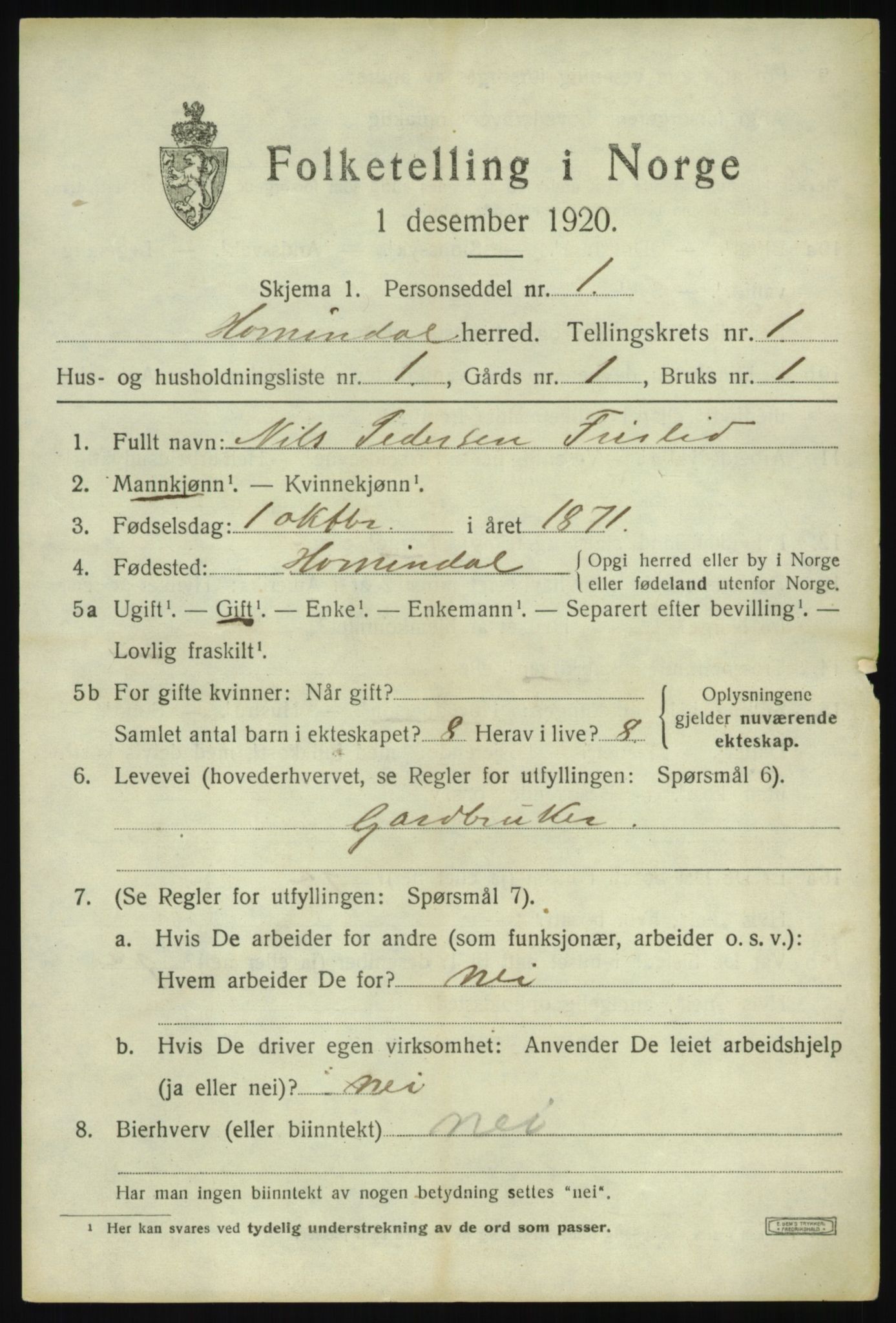 SAB, 1920 census for Hornindal, 1920, p. 518