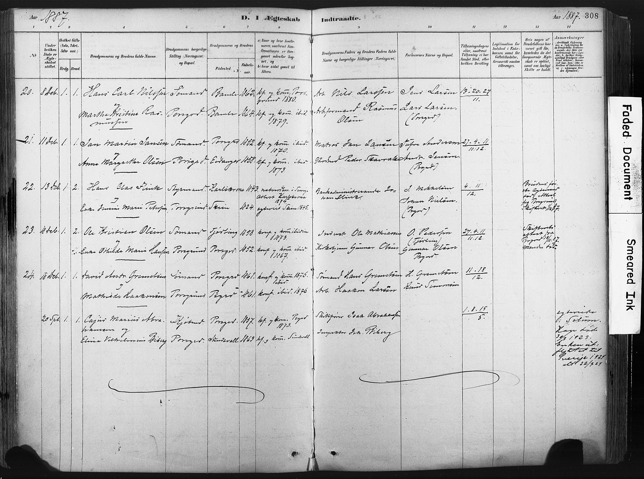 Porsgrunn kirkebøker , SAKO/A-104/F/Fa/L0008: Parish register (official) no. 8, 1878-1895, p. 308