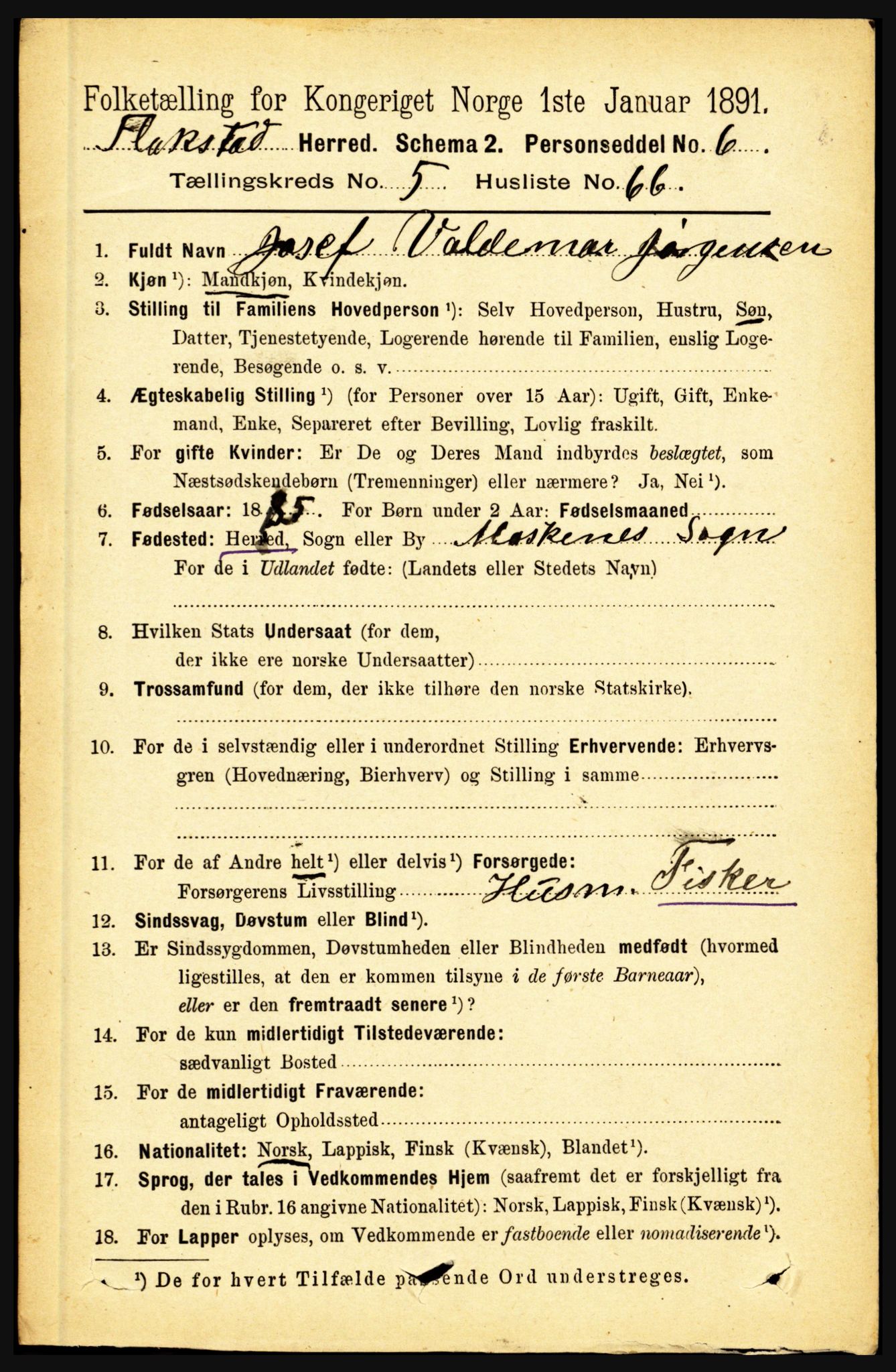 RA, 1891 census for 1859 Flakstad, 1891, p. 2924