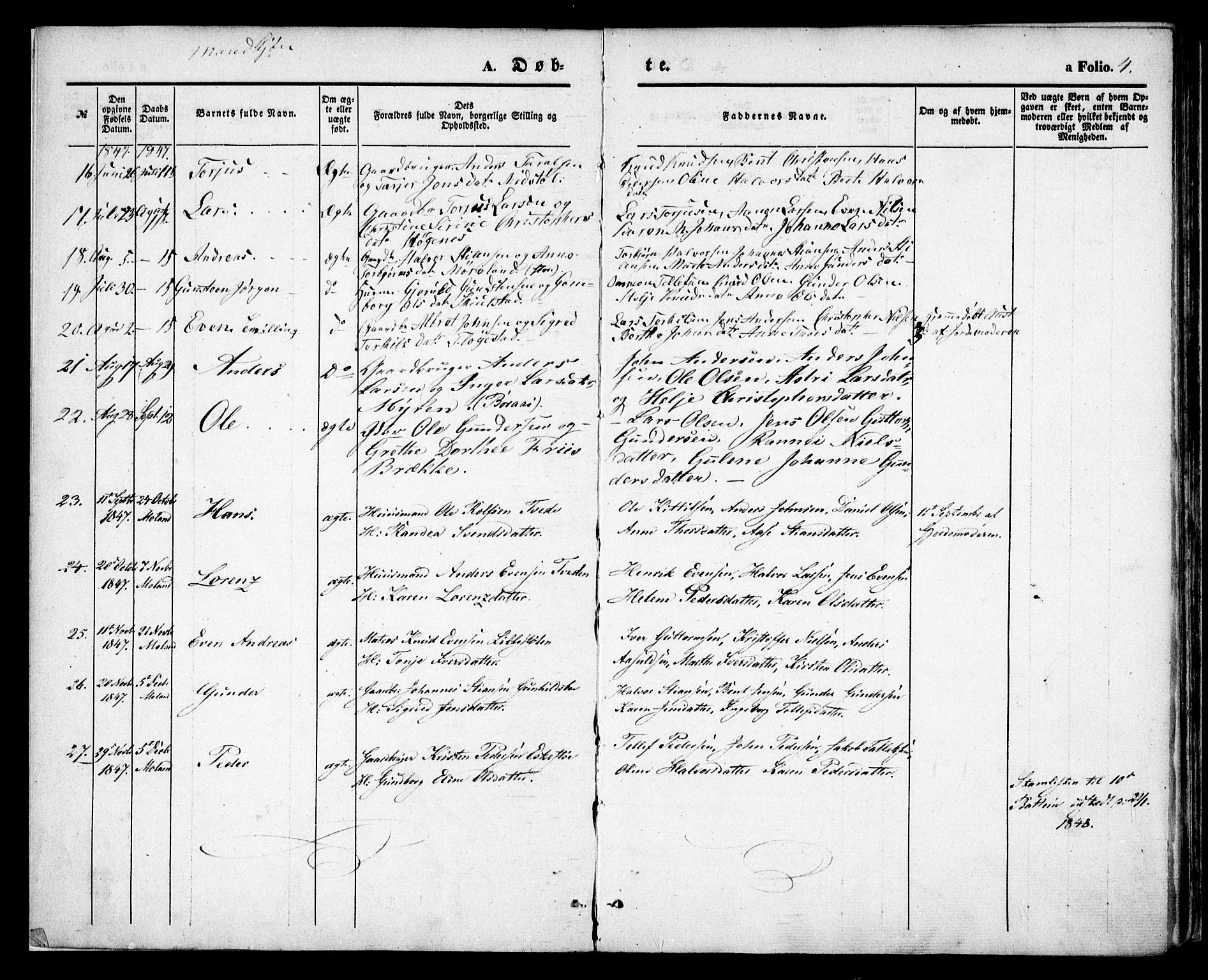Austre Moland sokneprestkontor, SAK/1111-0001/F/Fa/Faa/L0007: Parish register (official) no. A 7, 1847-1857, p. 4