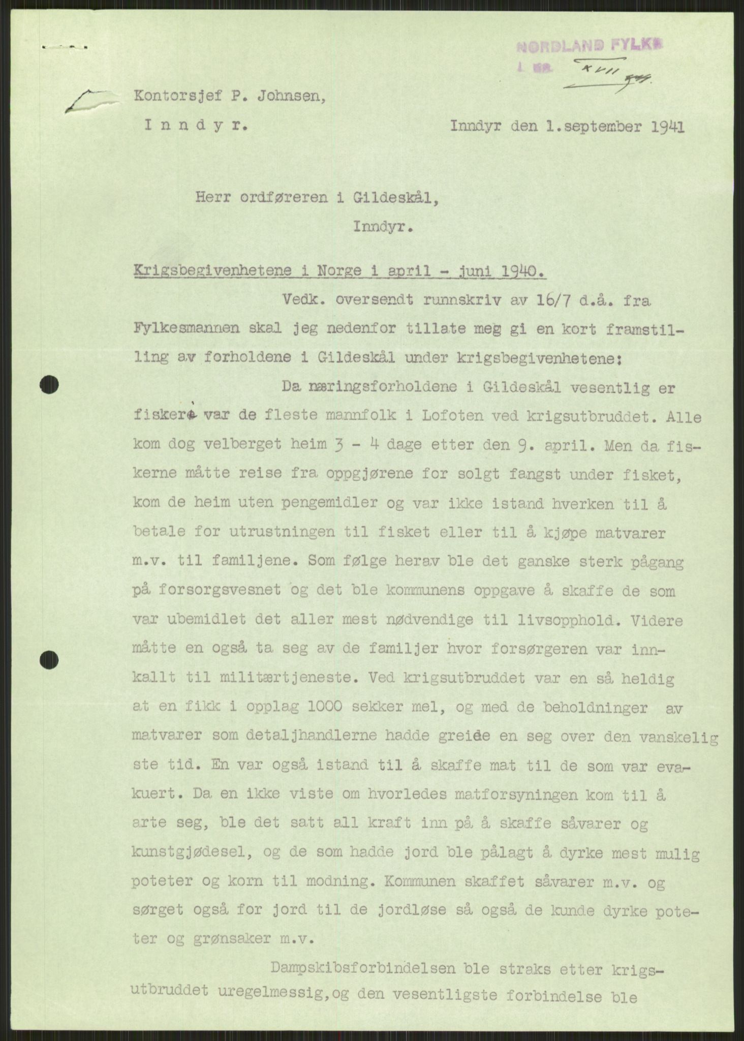 Forsvaret, Forsvarets krigshistoriske avdeling, AV/RA-RAFA-2017/Y/Ya/L0017: II-C-11-31 - Fylkesmenn.  Rapporter om krigsbegivenhetene 1940., 1940, p. 145