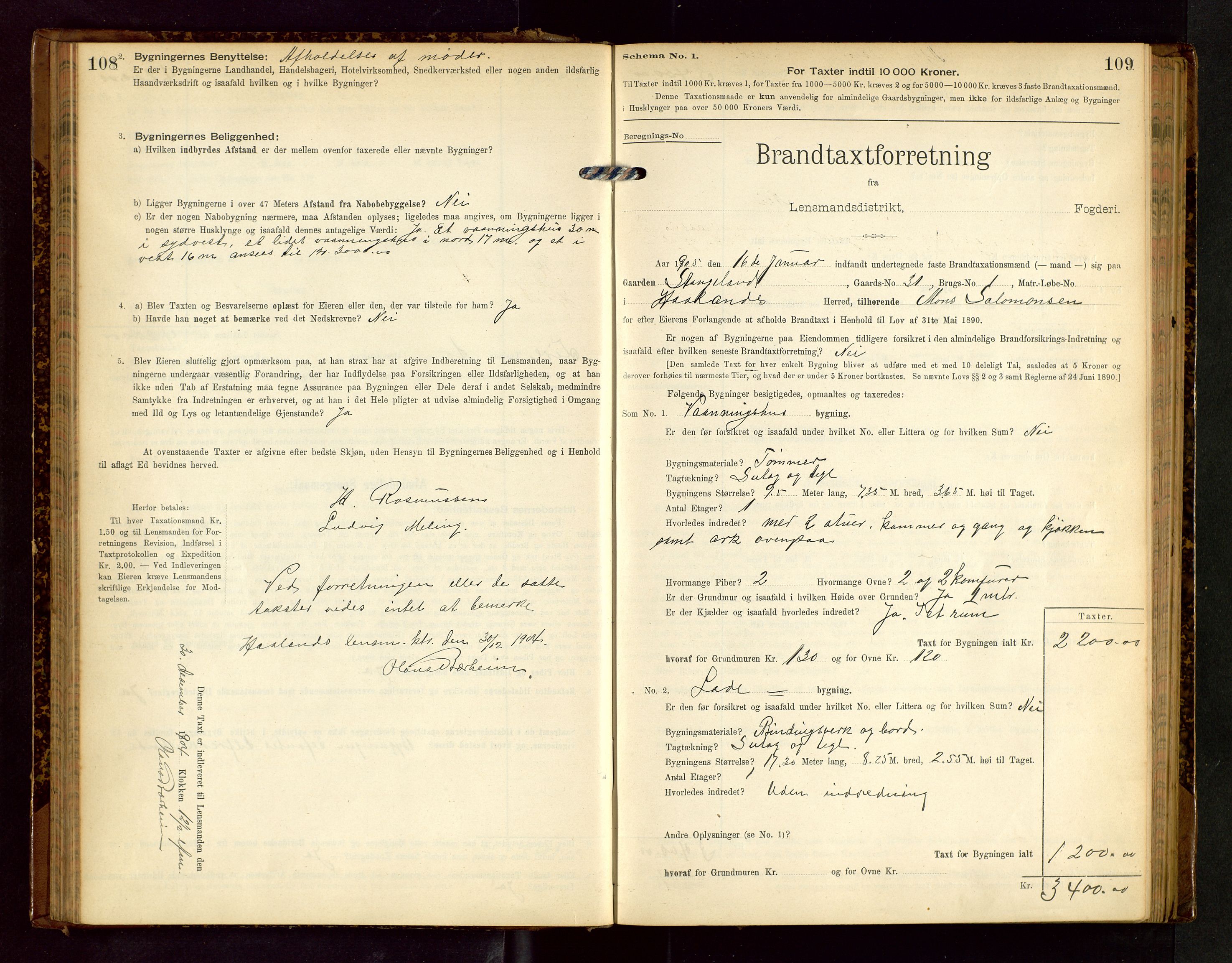 Håland lensmannskontor, SAST/A-100100/Gob/L0002: Branntakstprotokoll - skjematakst. Register i boken., 1902-1906, p. 108-109